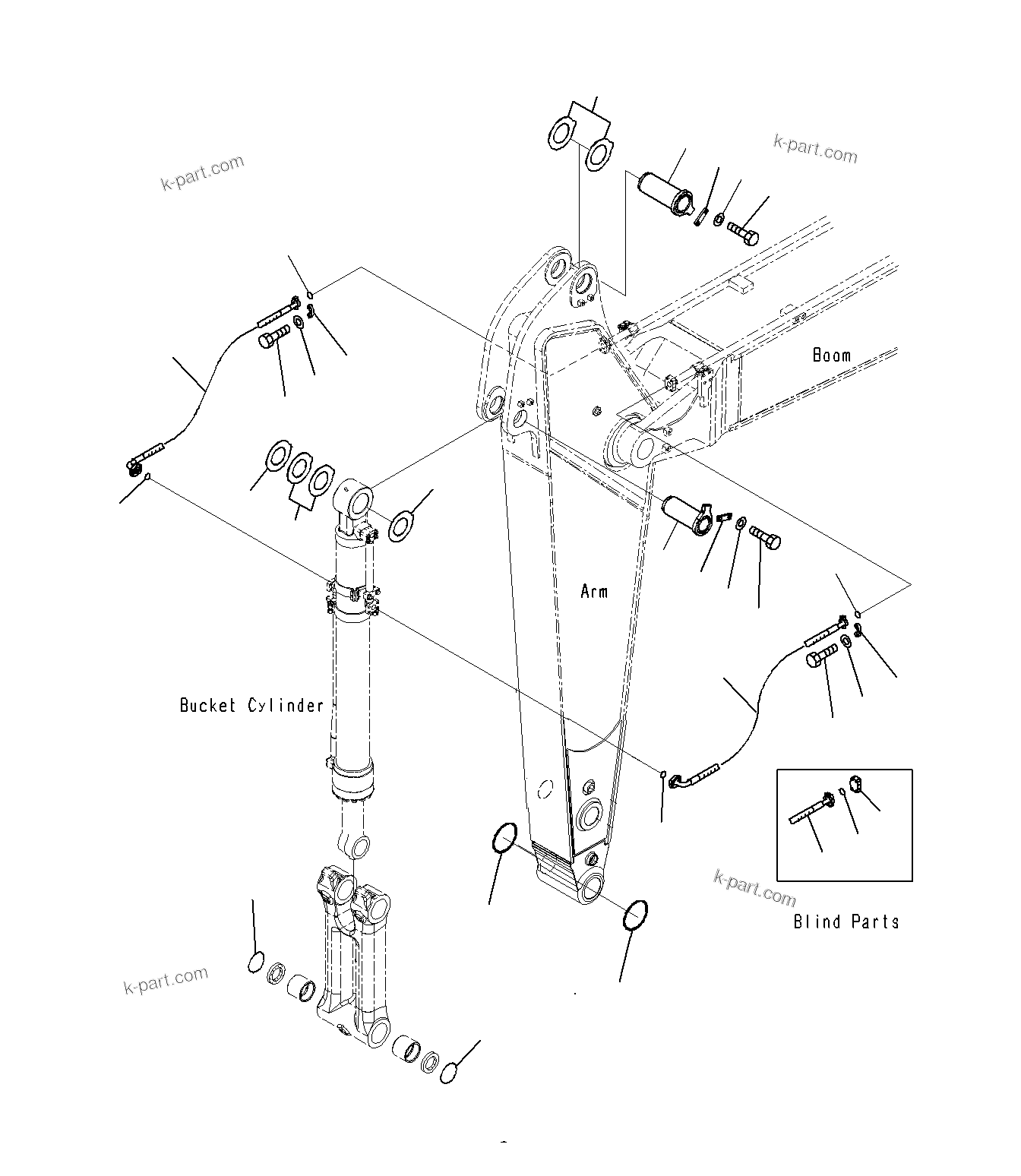 Komatsu parts book diagram for PC300-8M0 S/N J40001-UP: ARM (PIN BUCKET CYLINDER HOSE)(2.2M)(100H)