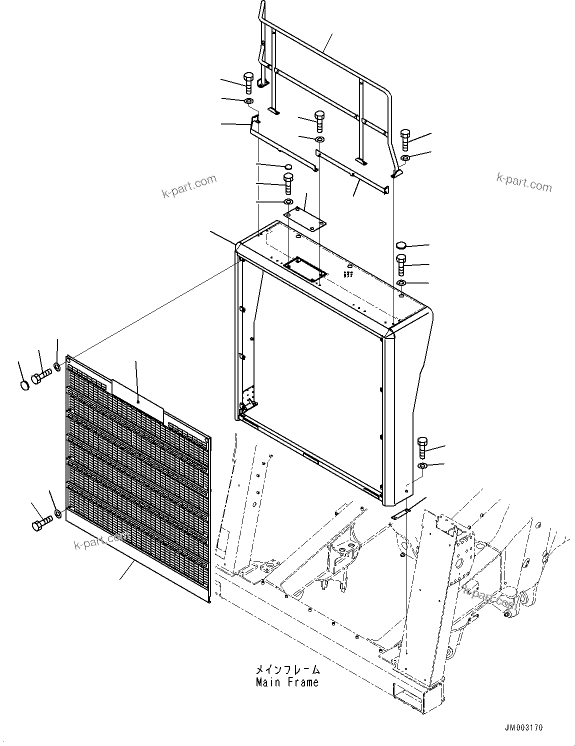 Komatsu parts book diagram for HD785-NI-7 S/N N10561-UP: RADIATOR GUARD (WITHOUT ENGINE EMERGENCY SHUT, SANDY AND DUSTY TERRAIN ARRANGEMENT, COLD AREA SPECIFICATION A (-30 DEG C))