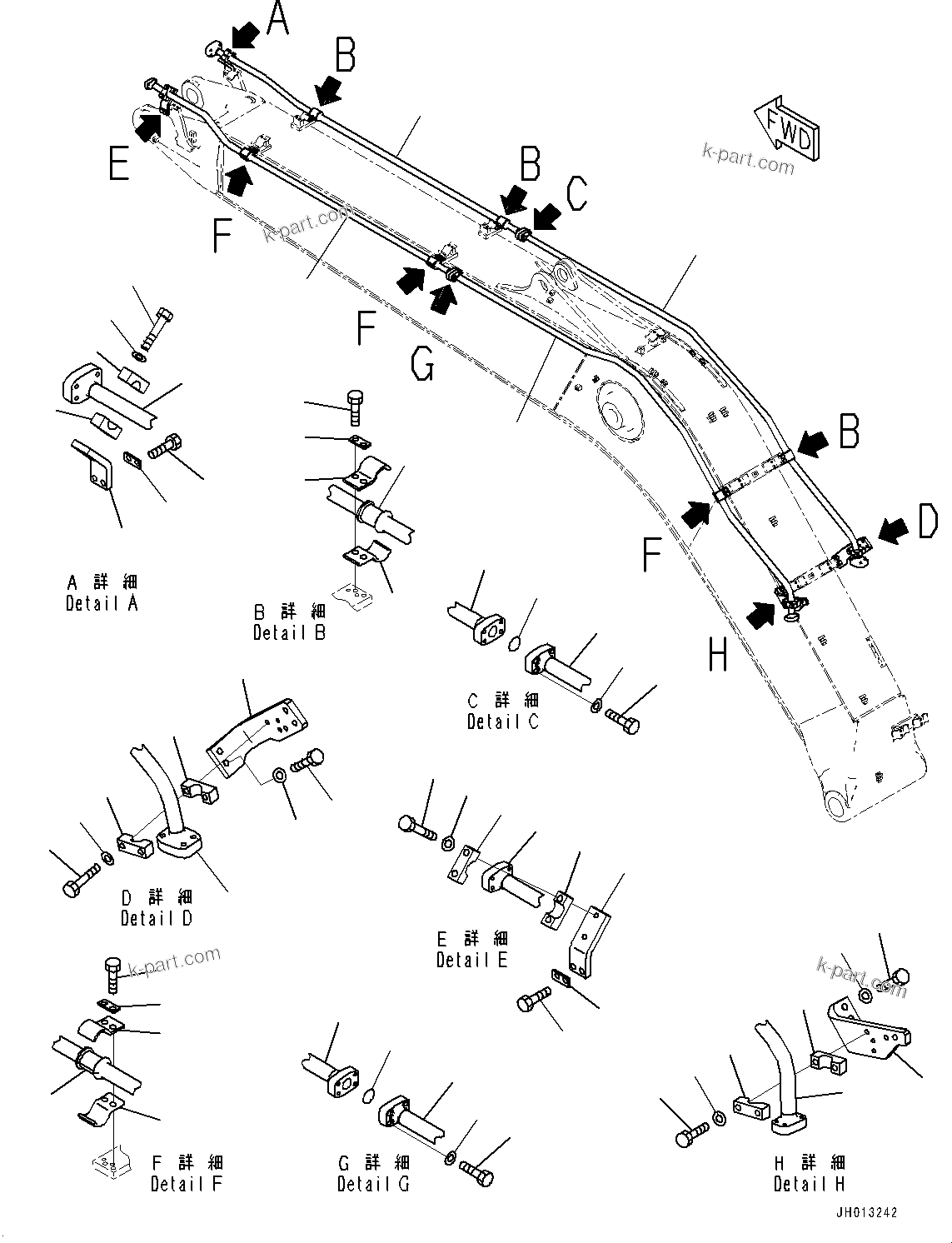 Komatsu parts book diagram for PC240NLC-11 S/N K70001-UP: BOOM, 5900MM HEAVY DUTY TYPE, 2-ATTACHMENT, ATTACHMENT PIPING