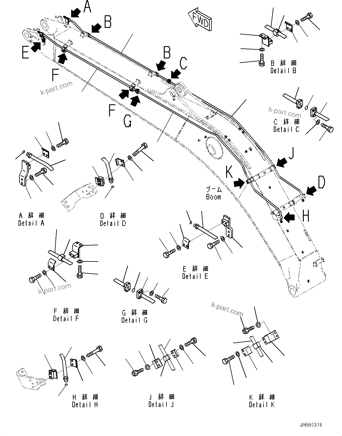Komatsu parts book diagram for PC240NLC-11 S/N K70001-UP: BOOM, 5900MM HEAVY DUTY TYPE, 2-ATTACHMENT, ADDITIONAL PIPING