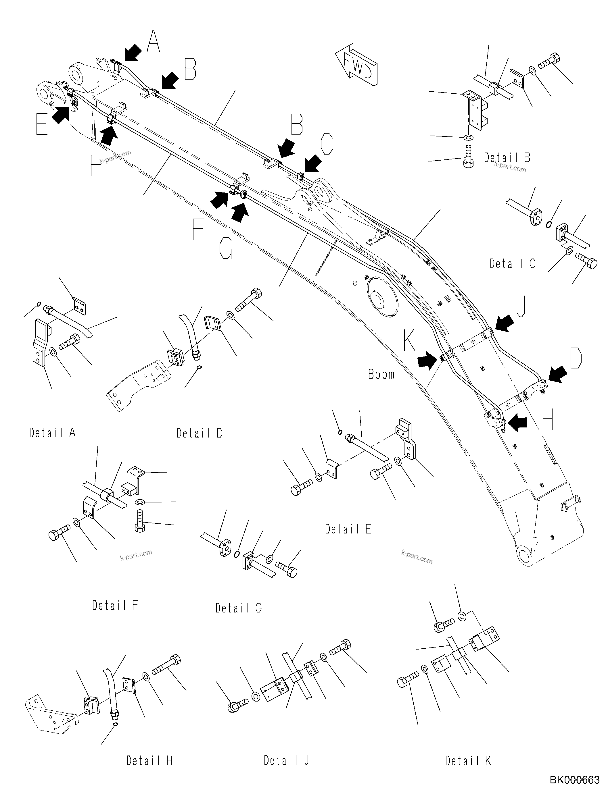Komatsu parts book diagram for PC240NLC-11 S/N K70001-UP: BOOM, 5900MM HEAVY DUTY TYPE, 2-ATTACHMENT, ADDITIONAL PIPING, ONE TOOL CONTROL, ATTACHMENT DRAIN PIPING (#K70363-)