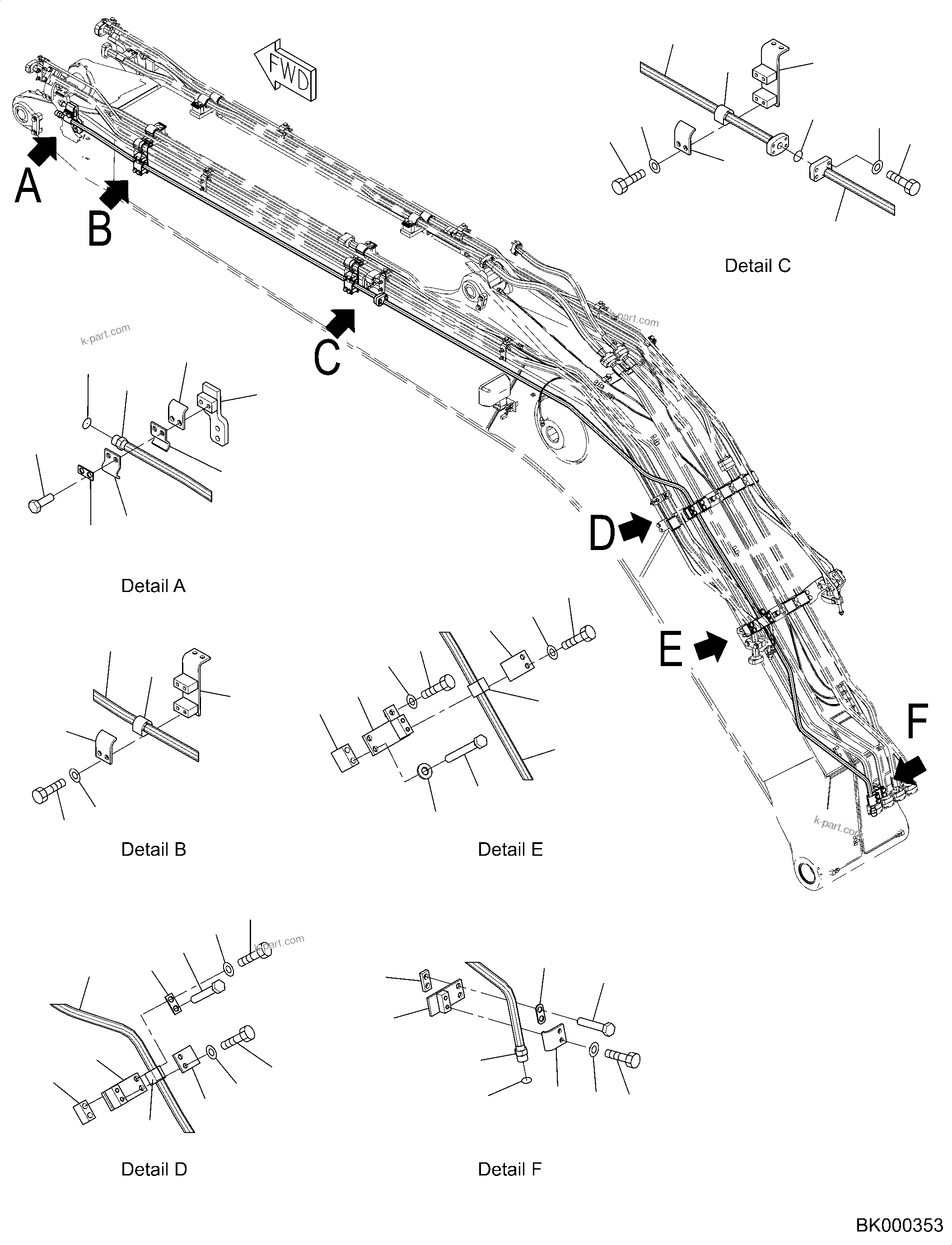 Komatsu parts book diagram for PC240NLC-11 S/N K70001-UP: BOOM, 5900MM HEAVY DUTY TYPE, 2-ATTACHMENT, DRAIN PIPING (1/2), TOOL CONTROL (#K70001-K70362)