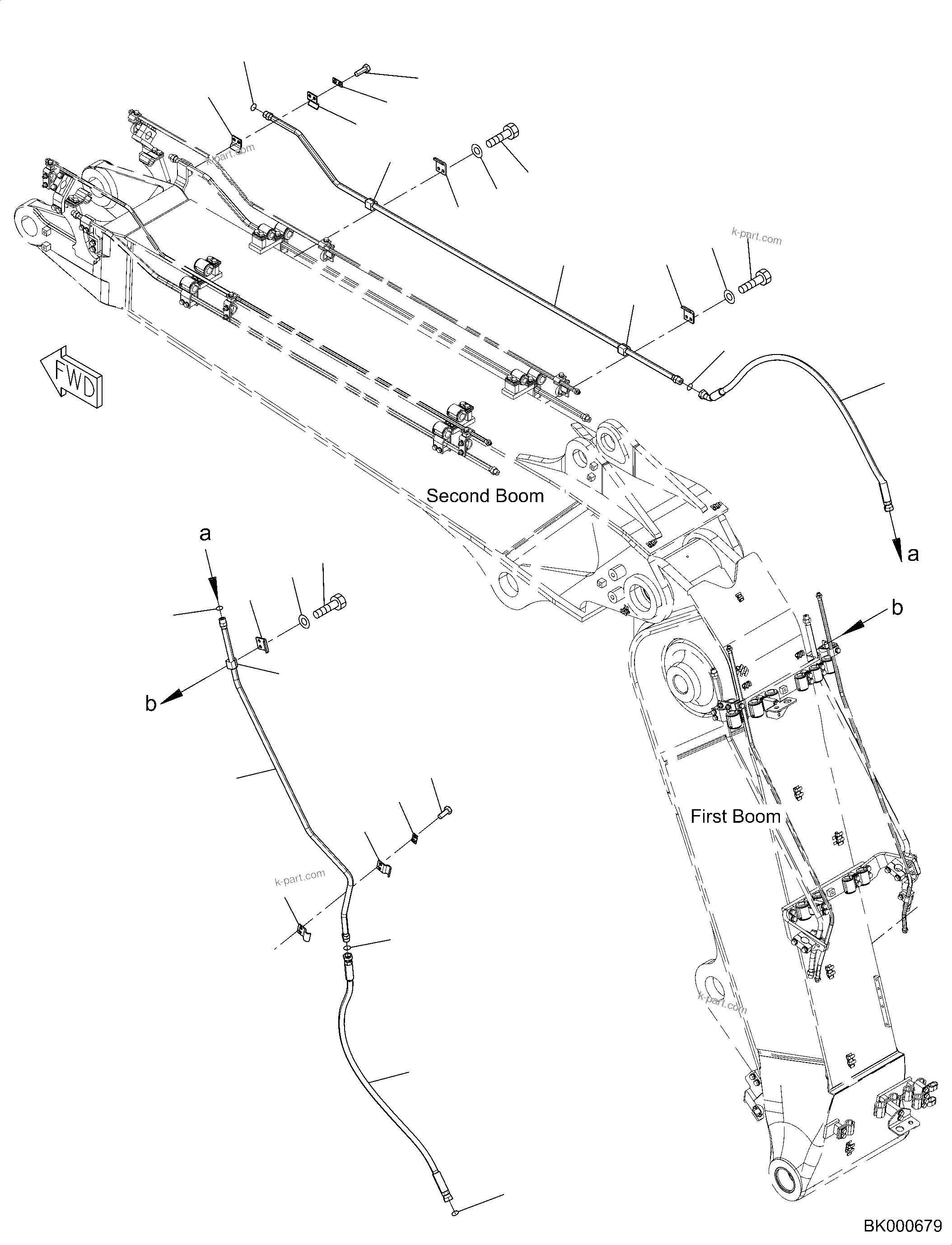 Komatsu parts book diagram for PC240NLC-11 S/N K70001-UP: BOOM, SECOND BOOM, FOR 2-PIECE BOOM, ATTACHMENT DRAIN PIPING, TOOL CONTROL, ATTACHMENT DRAIN PIPING (#K70363-)