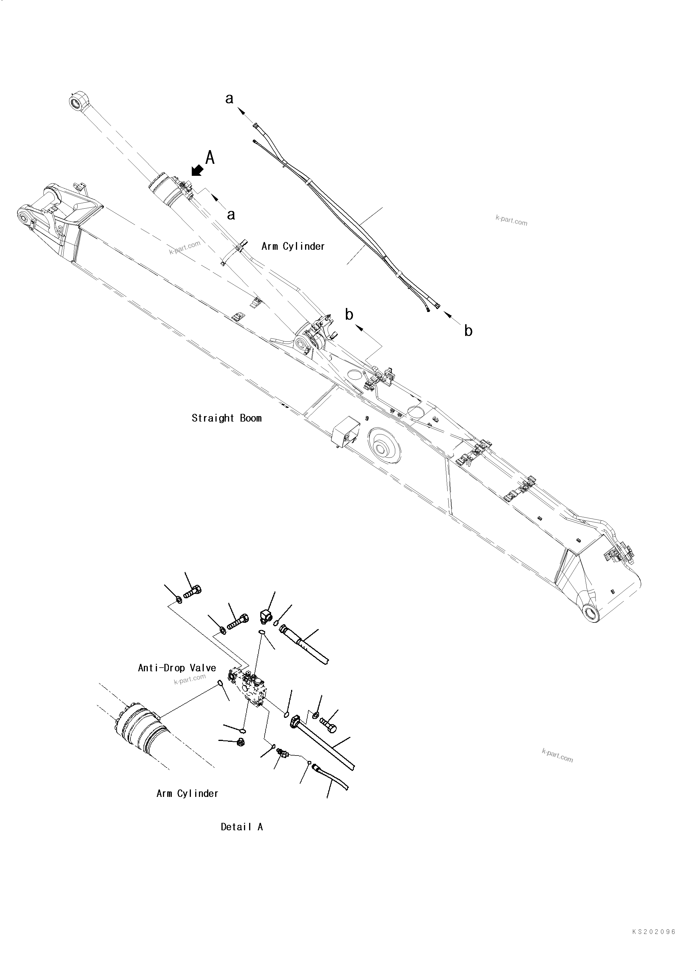 Komatsu parts book diagram for PC240NLC-11 S/N K70001-UP: ARM CYLINDER, STRAIGHT BOOM, ARM ANTI-DROP VALVE MOUNTING