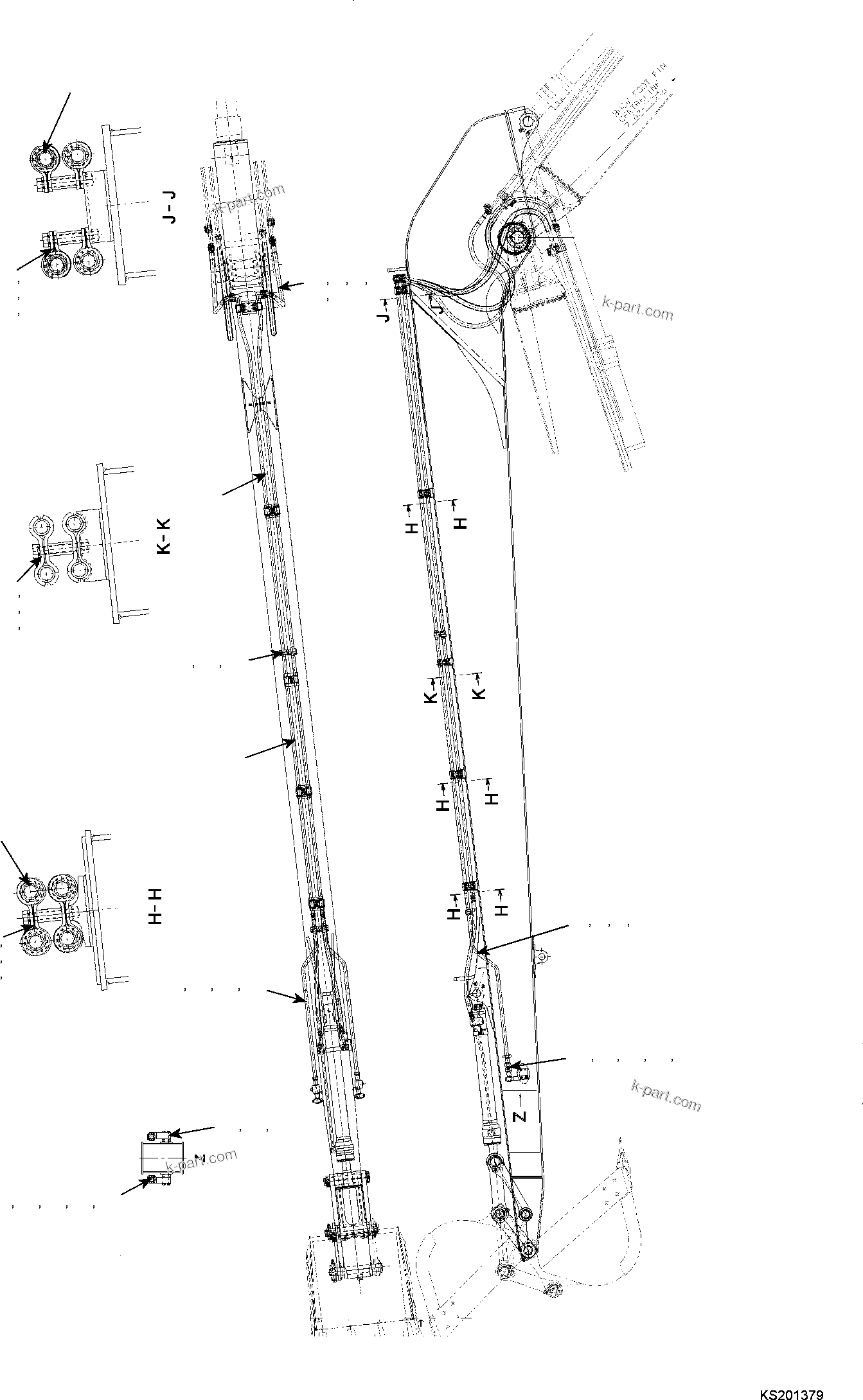 Komatsu parts book diagram for PC240NLC-11 S/N K70001-UP: ARM, FOR 18M SUPER LONG FRONT, ATTACHMENT PIPING AND CLAMPING