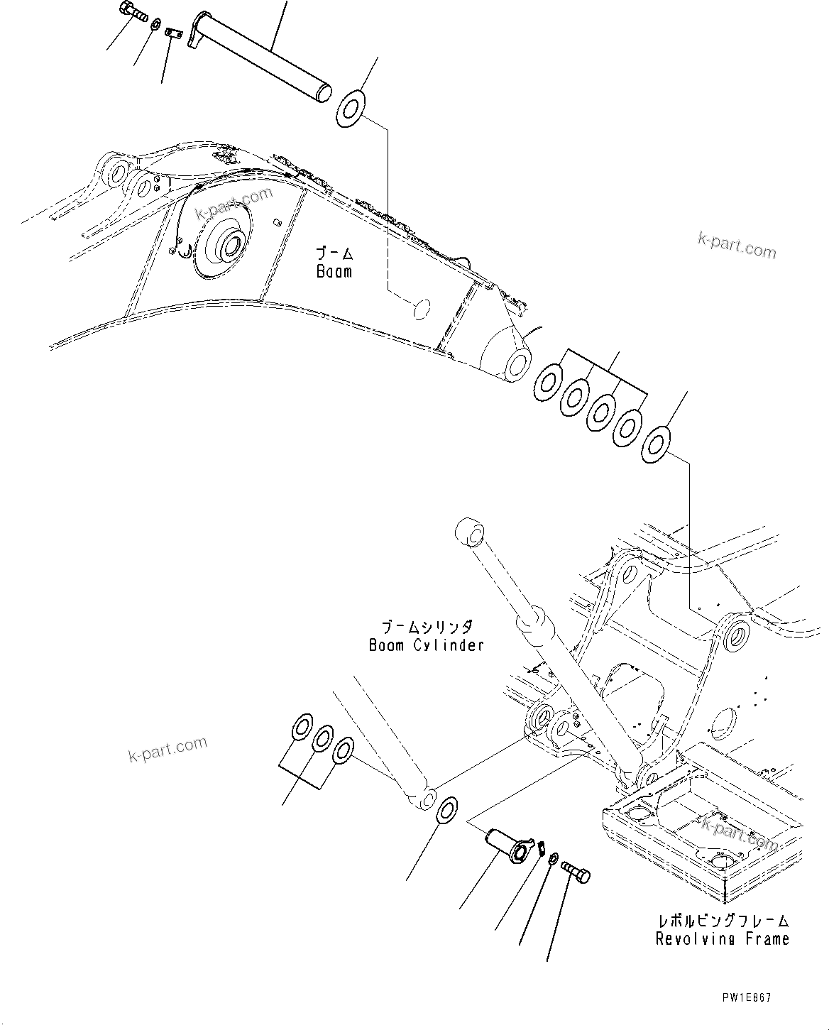 Komatsu parts book diagram for PC350LC-8M0 S/N K52001-UP: BOOM FOOT PIN, 100 HOURS LUBRICATION INTERVAL
