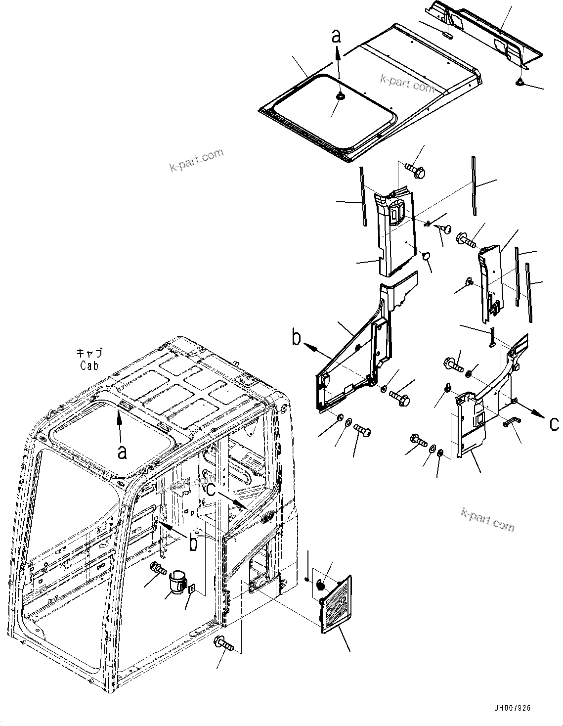 Komatsu parts book diagram for PC350LC-8M0 S/N K52001-UP: CAB, ROOF COVER AND AIR INTAKE