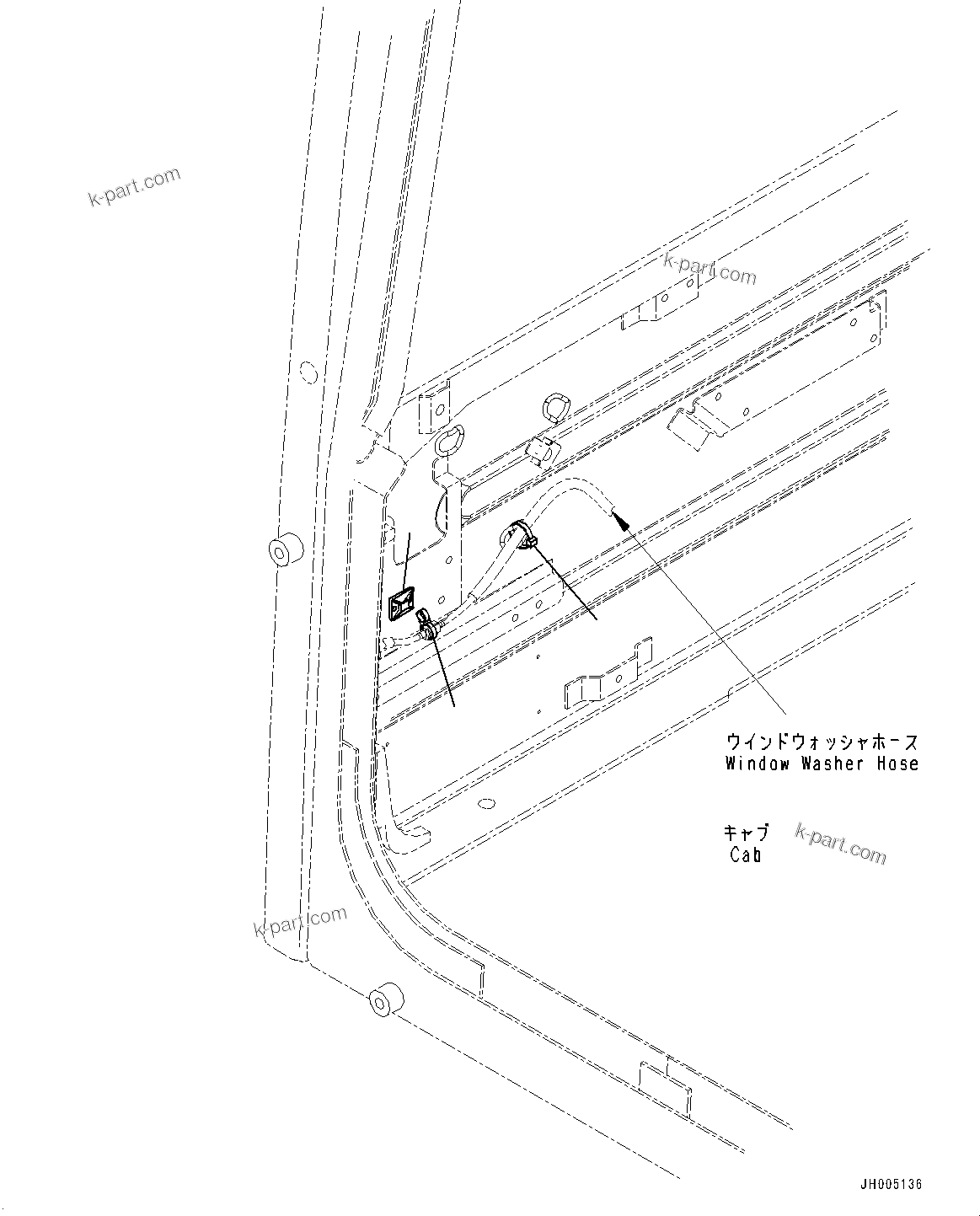 Komatsu parts book diagram for PC350LC-8M0 S/N K52001-UP: CAB, CAB IN PARTS, WASHER HOSE MOUNTING