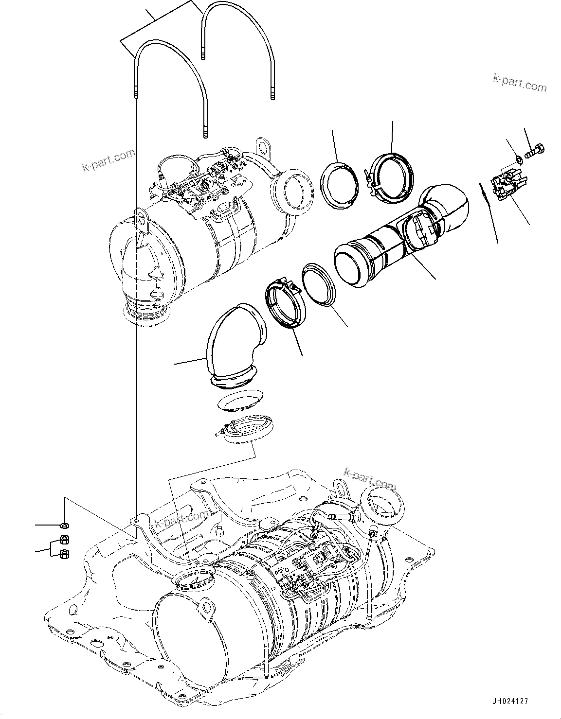 Komatsu parts book diagram for HB215LC-3 S/N K70001-UP: EXHAUST PIPE, KOMATSU DIESEL PARTICULATE FILTER (KDPF) MOUNTING