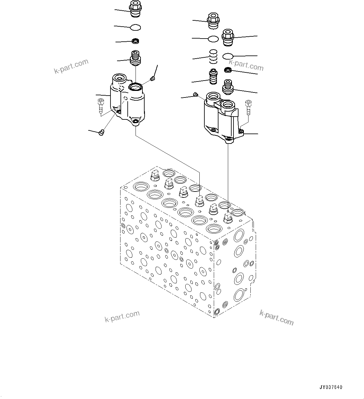 Komatsu parts book diagram for HB215LC-3 S/N K70001-UP: CONTROL VALVE, 6-SPOOL, 1-ADDITIONAL ACTUATOR PIPING, TOOL CONTROL, INNER PARTS (3/23)