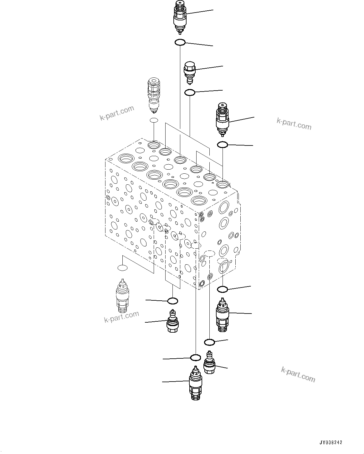Komatsu parts book diagram for HB215LC-3 S/N K70001-UP: CONTROL VALVE, 6-SPOOL, 1-ADDITIONAL ACTUATOR PIPING, TOOL CONTROL, INNER PARTS (12/23)