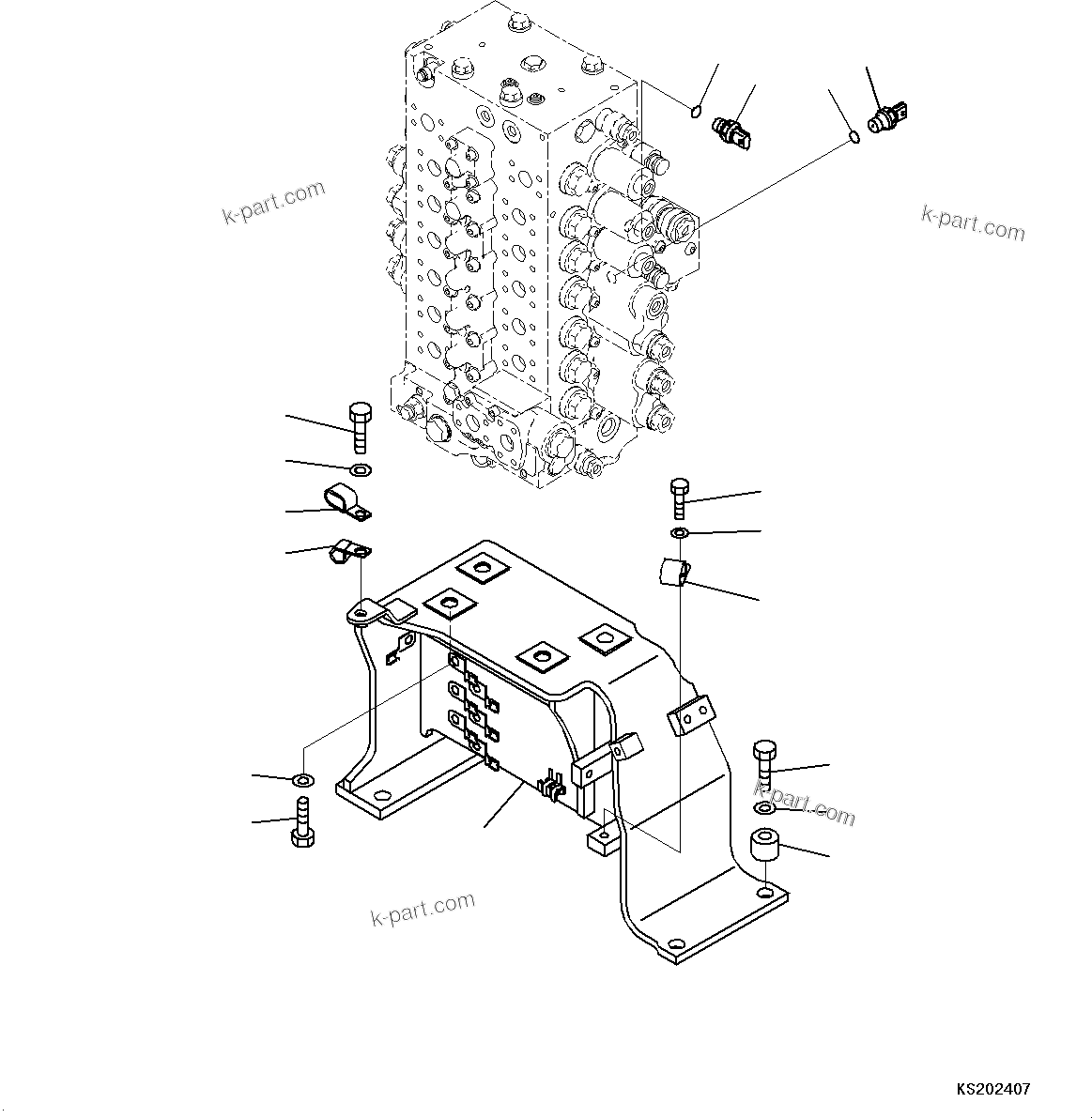 Komatsu parts book diagram for HB215LC-3 S/N K70001-UP: CONTROL VALVE, 6-SPOOL, 1-ADDITIONAL ACTUATOR PIPING, TOOL CONTROL, VALVE BRACKET AND SENSOR