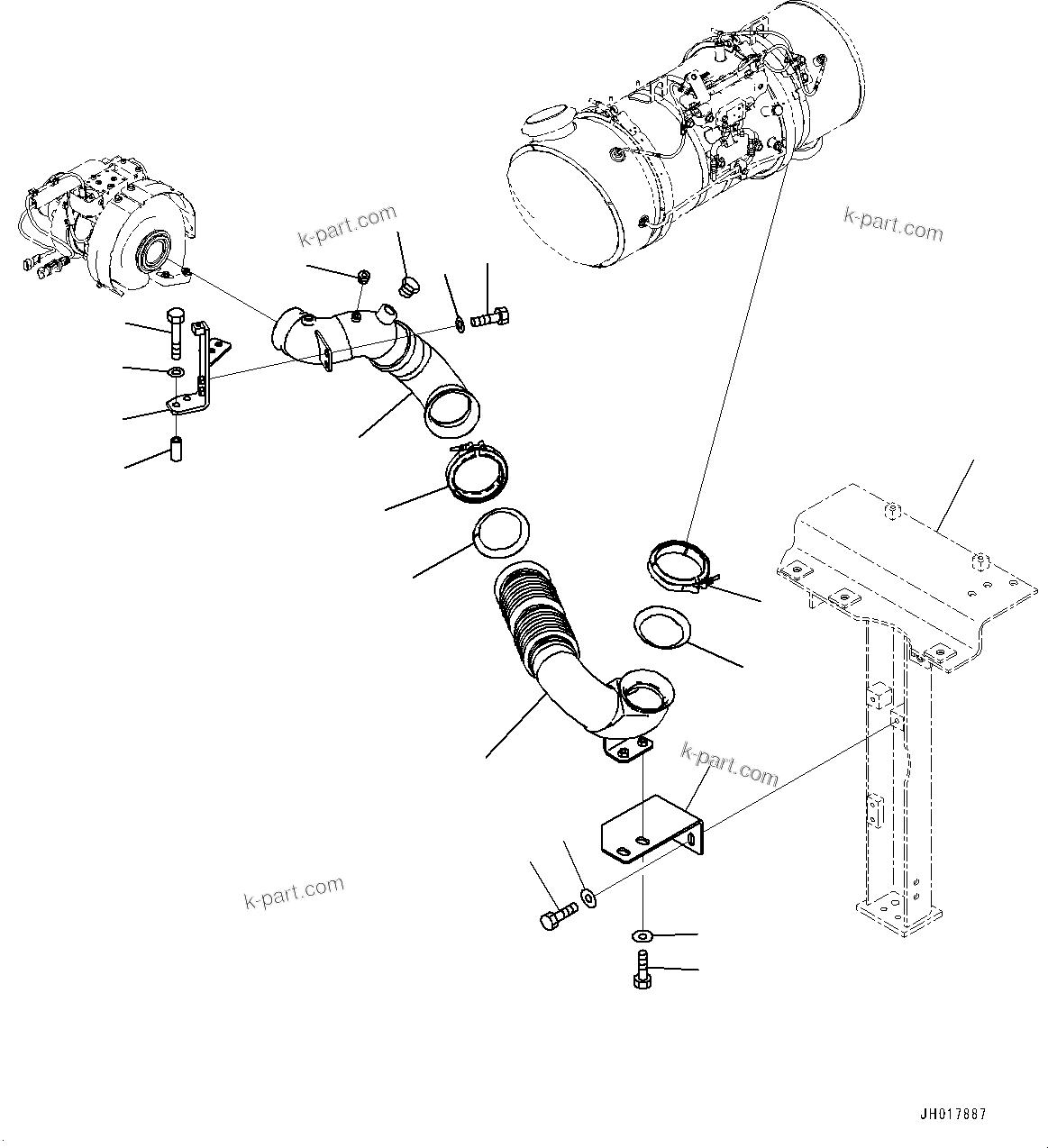 Komatsu parts book diagram for HB365LC-3E0 S/N K75001-UP: EXHAUST PIPE, TUBE AND BRACKET