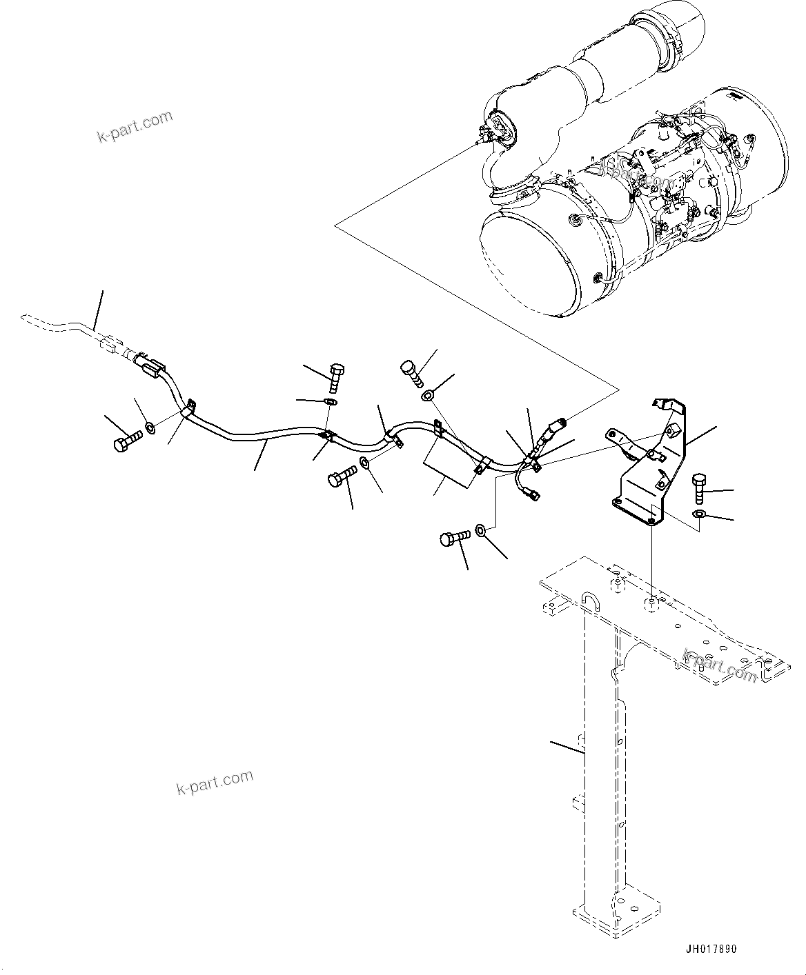 Komatsu parts book diagram for HB365LC-3E0 S/N K75001-UP: EXHAUST PIPE, HOSE AND CLAMP (1/2)