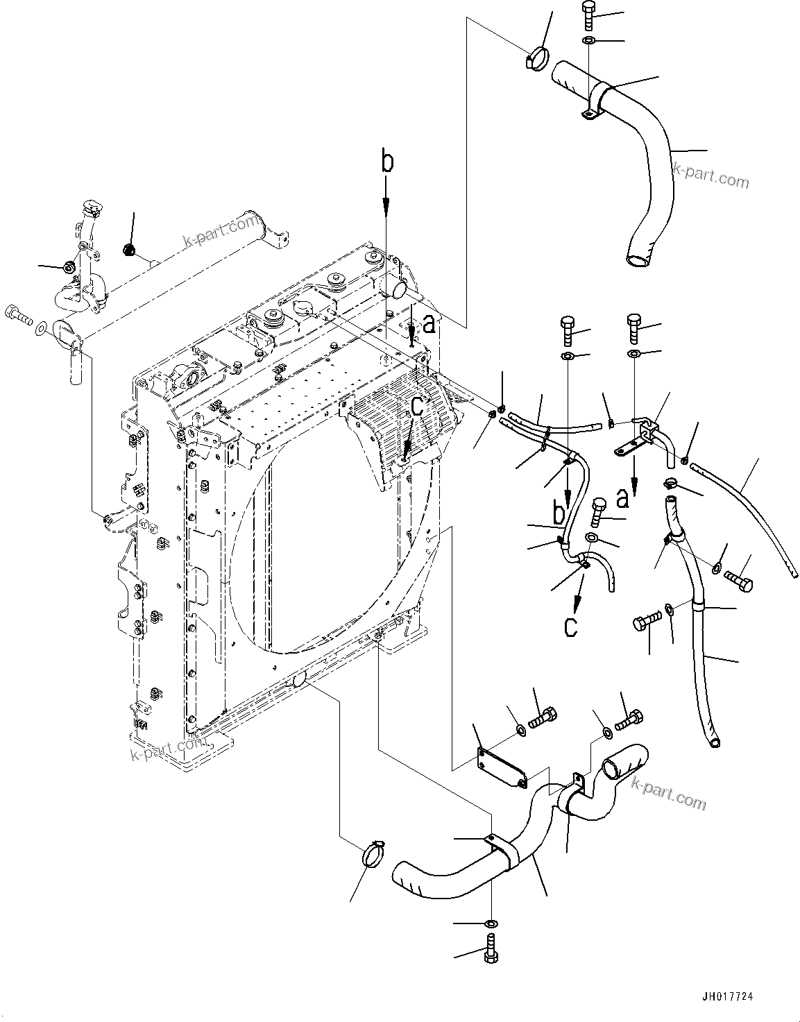 Komatsu parts book diagram for HB365LC-3E0 S/N K75001-UP: COOLING SYSTEM, AUTO AIR CONDITIONER, RADIATOR PIPING