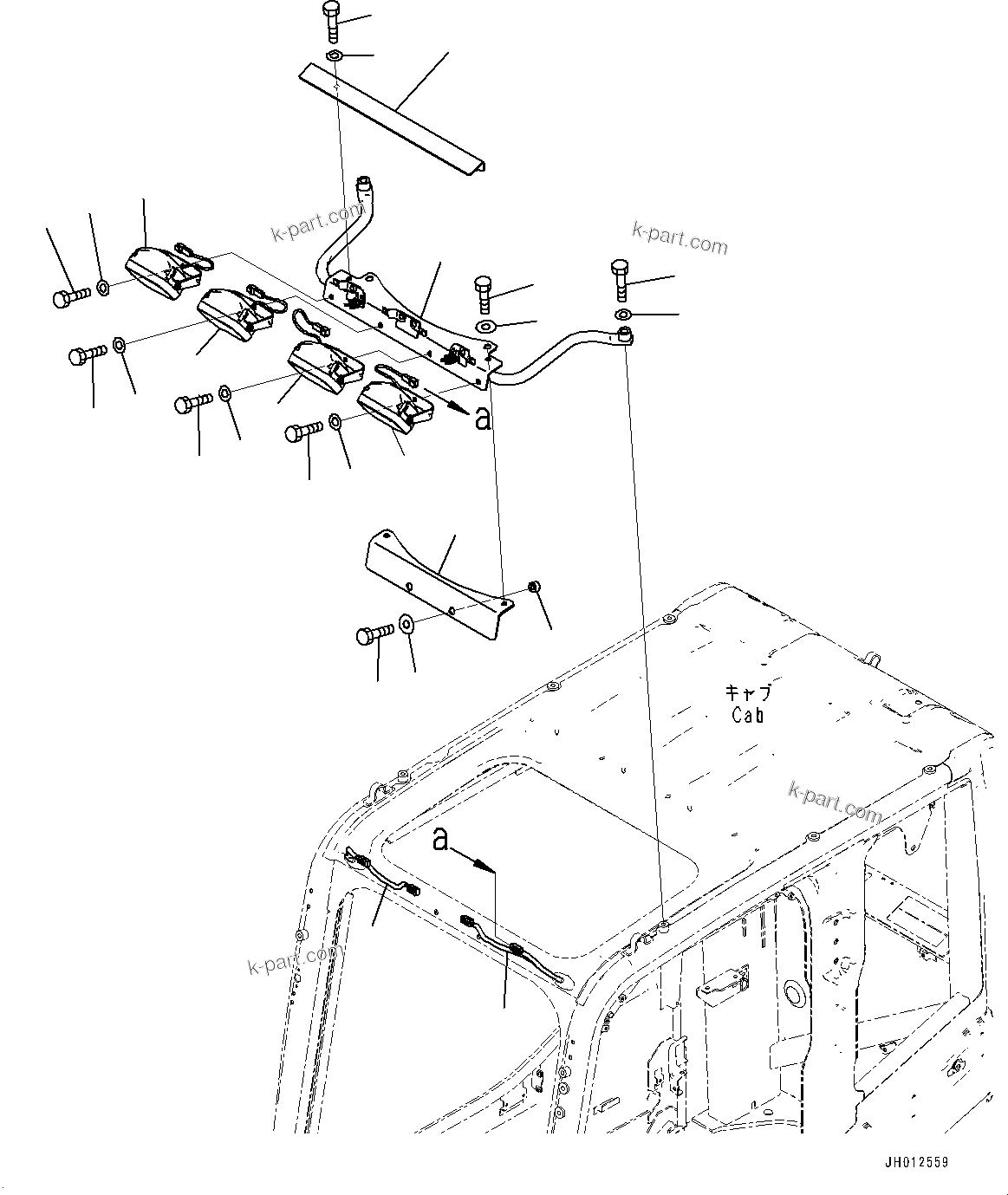 Komatsu parts book diagram for HB365LC-3E0 S/N K75001-UP: ADDITIONAL WORKING LAMP, FRONT, CAB TOP, BOOM L.H., DECK L.H., CAB