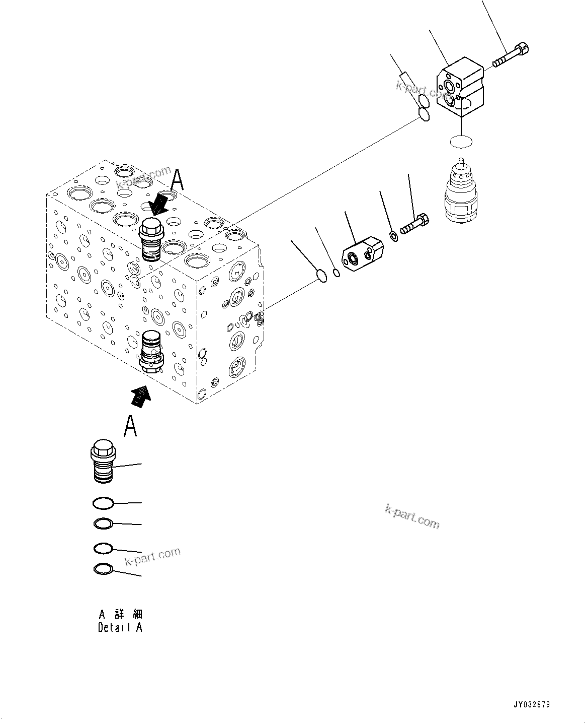 Komatsu parts book diagram for HB365LC-3E0 S/N K75001-UP: CONTROL VALVE, 8-SPOOL, 1-ADDITIONAL ACTUATOR PIPING, ACCUMULATOR, INNER PARTS (5/22)