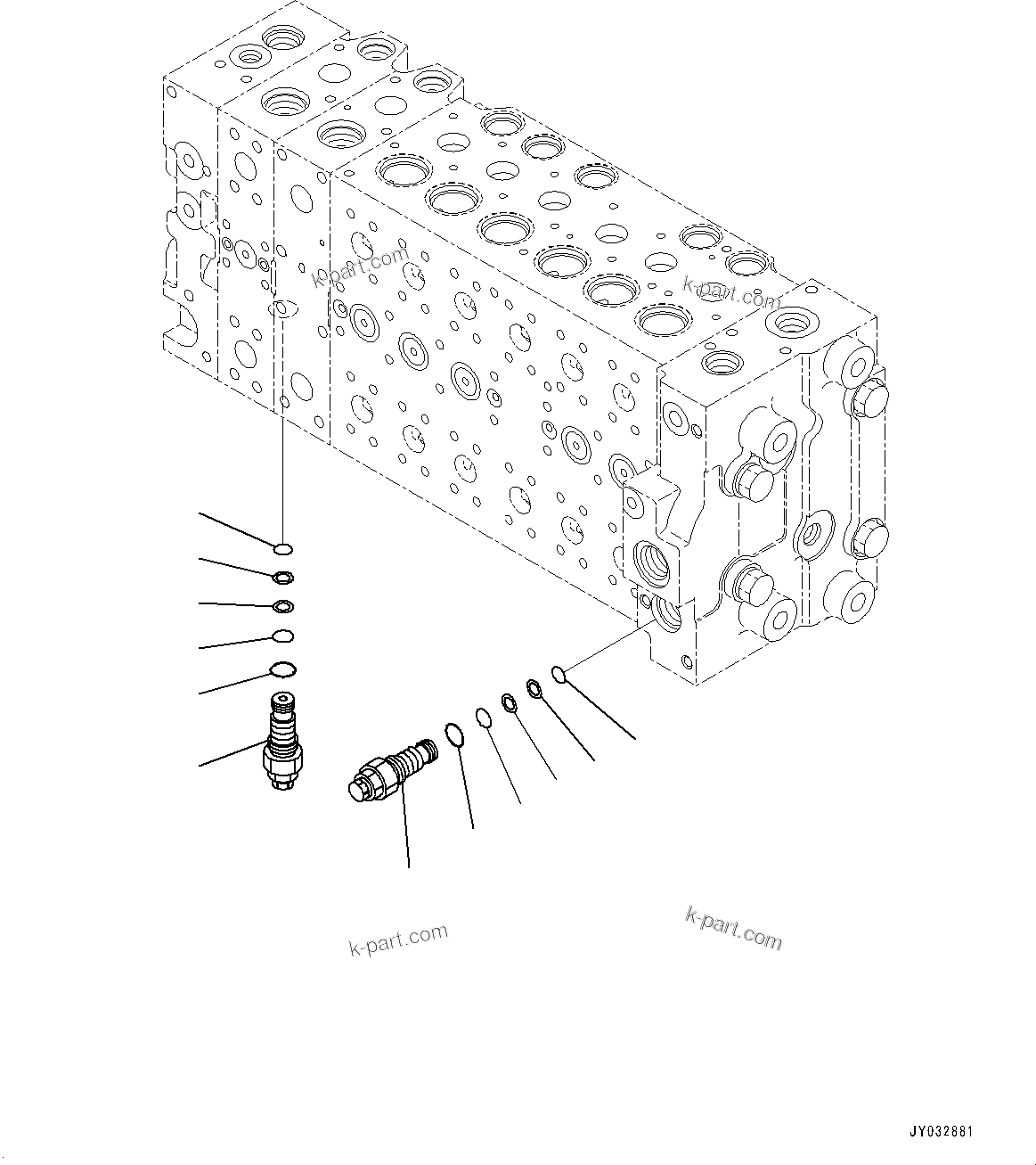 Komatsu parts book diagram for HB365LC-3E0 S/N K75001-UP: CONTROL VALVE, 8-SPOOL, 1-ADDITIONAL ACTUATOR PIPING, ACCUMULATOR, INNER PARTS (7/22)