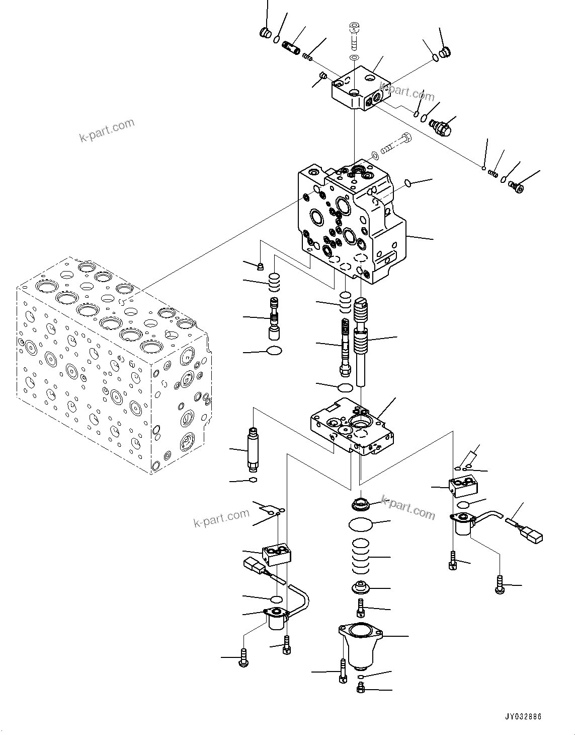 Komatsu parts book diagram for HB365LC-3E0 S/N K75001-UP: CONTROL VALVE, 9-SPOOL, 2-ADDITIONAL ACTUATOR PIPING, ACCUMULATOR, INNER PARTS (12/24)