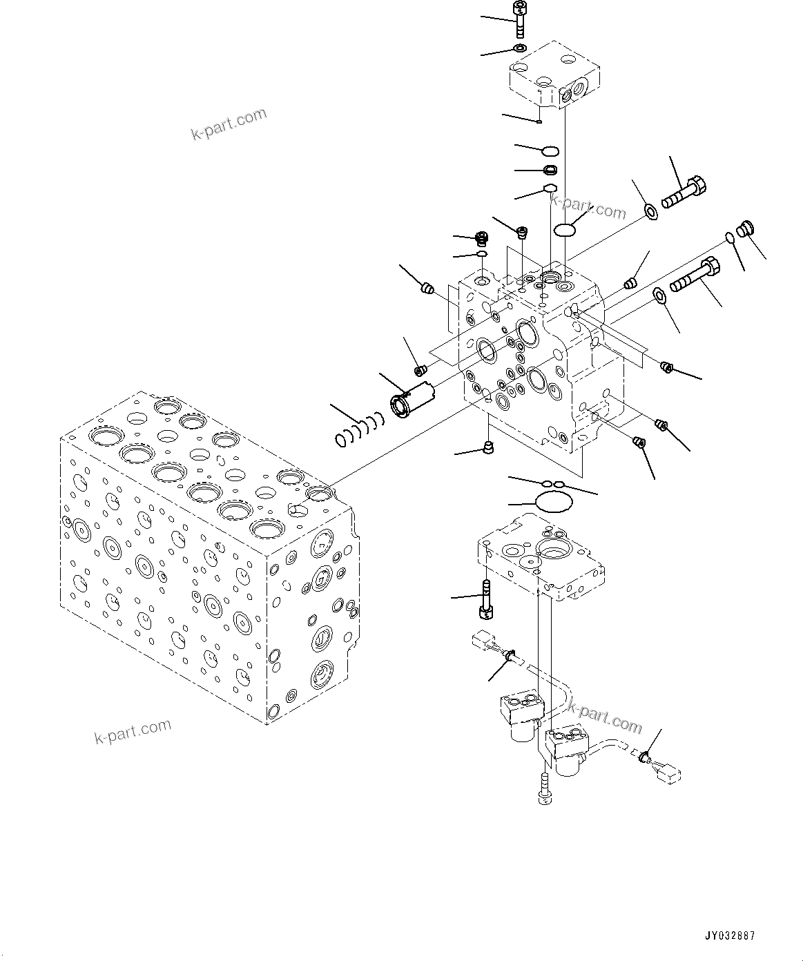 Komatsu parts book diagram for HB365LC-3E0 S/N K75001-UP: CONTROL VALVE, 9-SPOOL, 2-ADDITIONAL ACTUATOR PIPING, ACCUMULATOR, INNER PARTS (13/24)