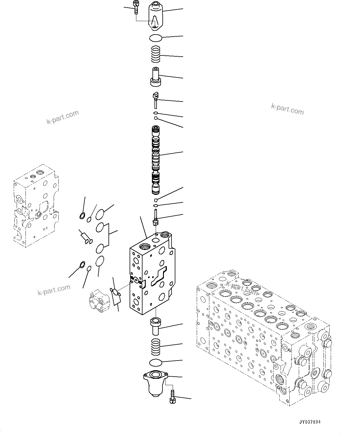 Komatsu parts book diagram for HB365LC-3E0 S/N K75001-UP: CONTROL VALVE, 8-SPOOL, 1-ADDITIONAL ACTUATOR PIPING, ACCUMULATOR, INNER PARTS (20/22)