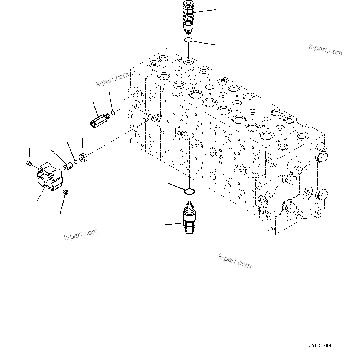 Komatsu parts book diagram for HB365LC-3E0 S/N K75001-UP: CONTROL VALVE, 8-SPOOL, 1-ADDITIONAL ACTUATOR PIPING, ACCUMULATOR, INNER PARTS (22/22)