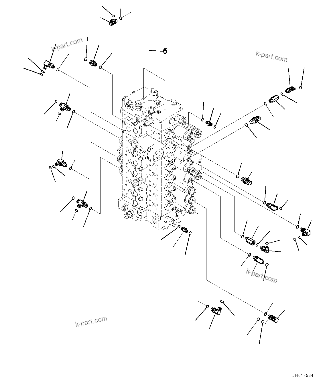 Komatsu parts book diagram for HB365LC-3E0 S/N K75001-UP: CONTROL VALVE, 8-SPOOL, 1-ADDITIONAL ACTUATOR PIPING, ACCUMULATOR, RELATED PARTS
