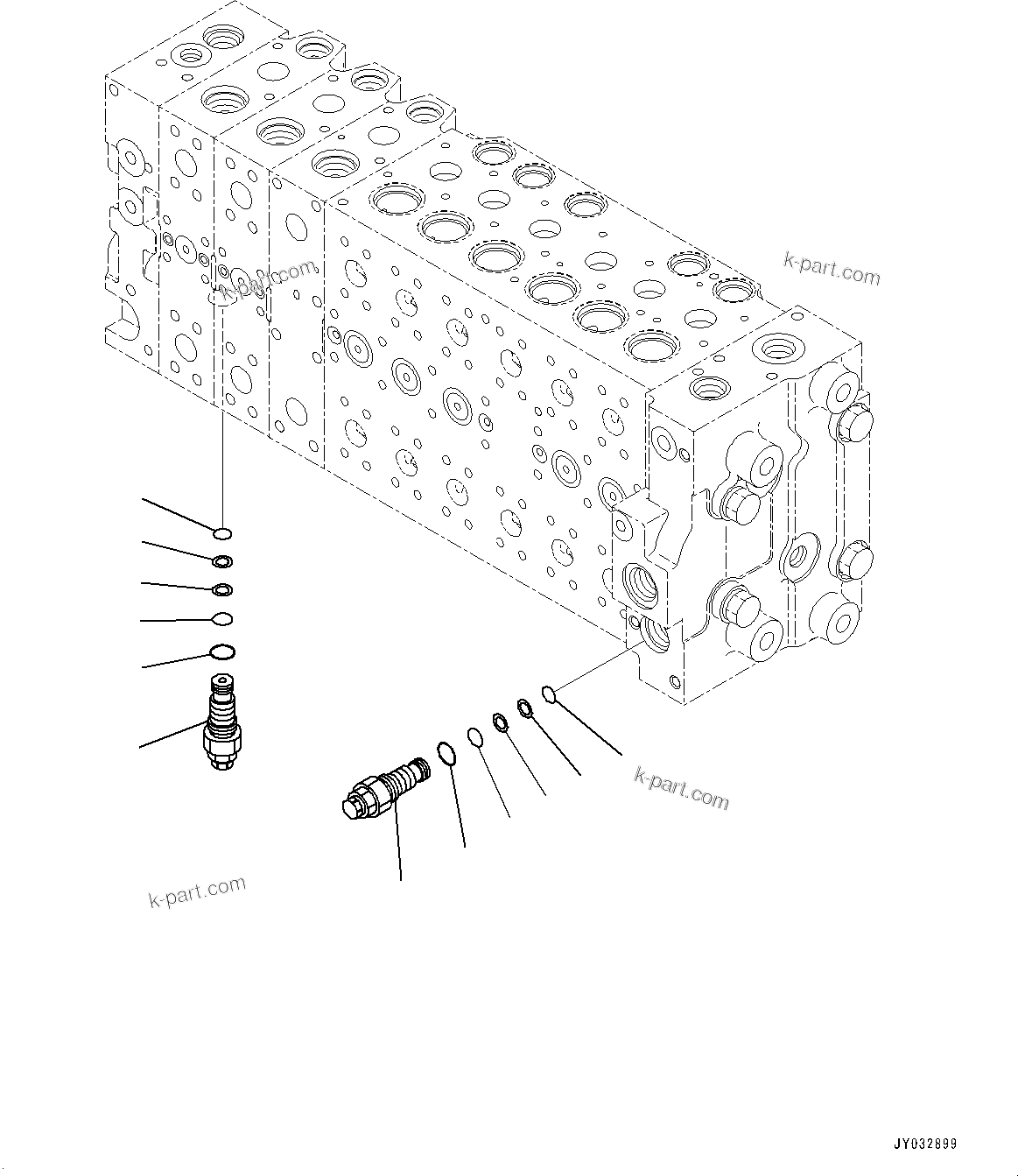 Komatsu parts book diagram for HB365LC-3E0 S/N K75001-UP: CONTROL VALVE, 9-SPOOL, 2-ADDITIONAL ACTUATOR PIPING, ACCUMULATOR, INNER PARTS (7/24)
