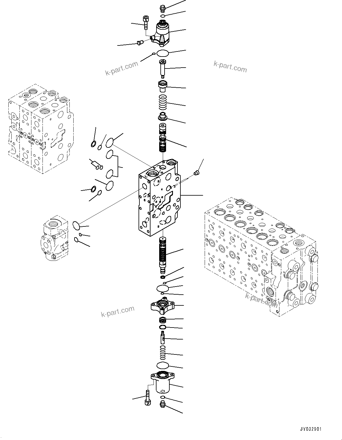 Komatsu parts book diagram for HB365LC-3E0 S/N K75001-UP: CONTROL VALVE, 9-SPOOL, 2-ADDITIONAL ACTUATOR PIPING, ACCUMULATOR, INNER PARTS (14/24)