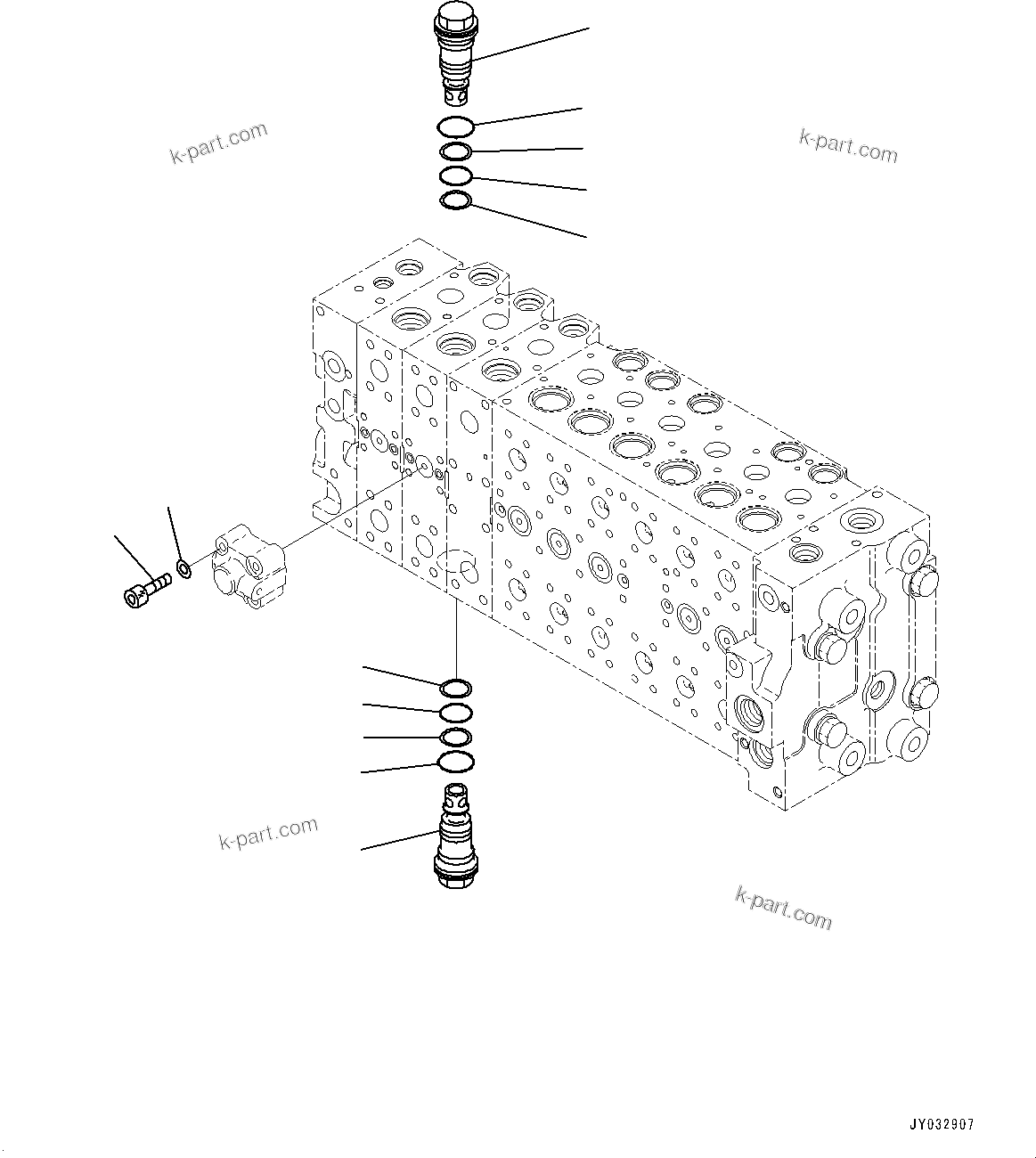 Komatsu parts book diagram for HB365LC-3E0 S/N K75001-UP: CONTROL VALVE, 9-SPOOL, 2-ADDITIONAL ACTUATOR PIPING, ACCUMULATOR, INNER PARTS (21/24)