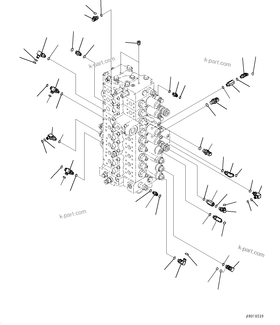 Komatsu parts book diagram for HB365LC-3E0 S/N K75001-UP: CONTROL VALVE, 9-SPOOL, 2-ADDITIONAL ACTUATOR PIPING, ACCUMULATOR, RELATED PARTS