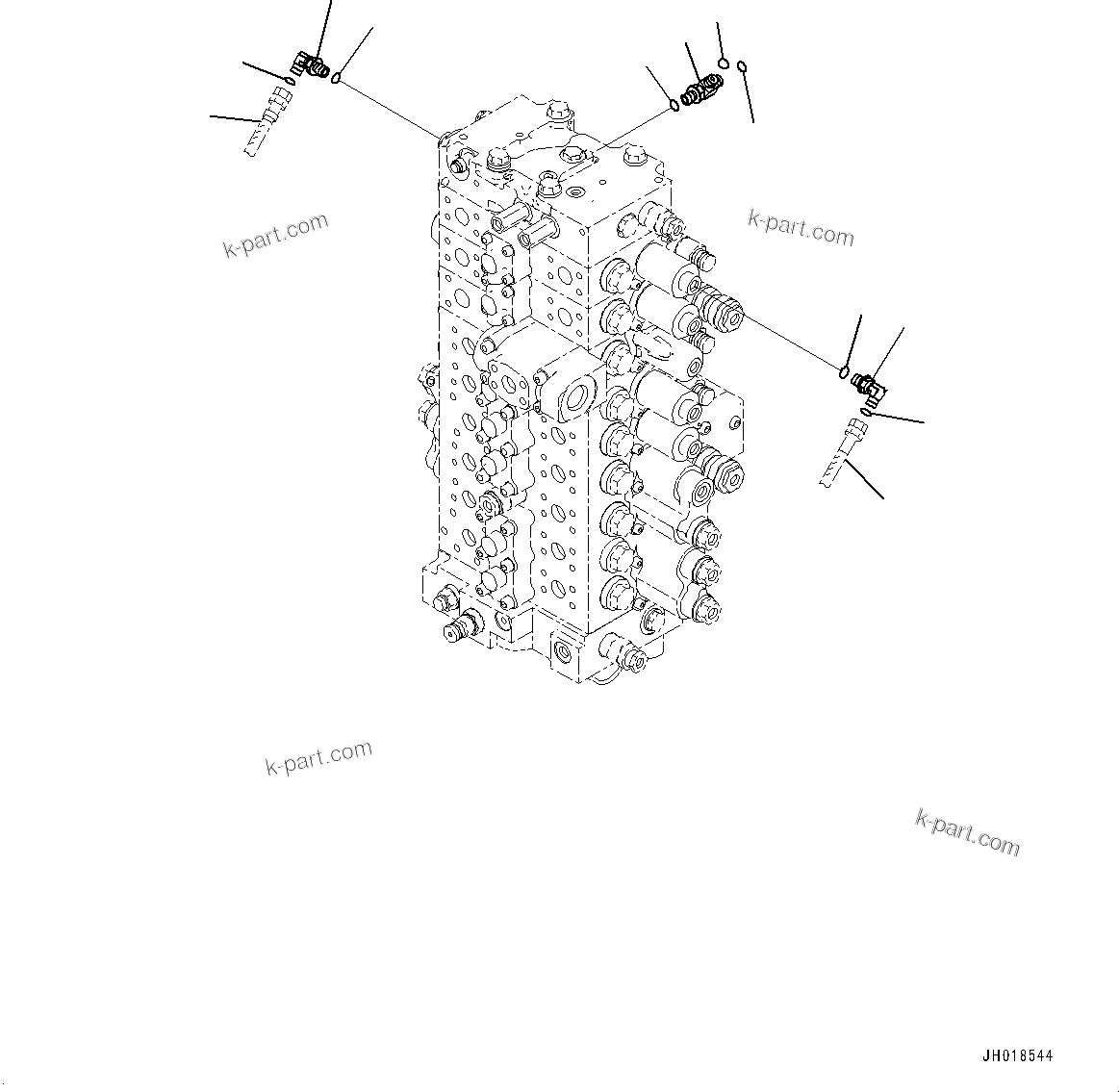 Komatsu parts book diagram for HB365LC-3E0 S/N K75001-UP: CONTROL VALVE, 9-SPOOL, 2-ADDITIONAL ACTUATOR PIPING, ACCUMULATOR, CONTROL VALVE MOUNTING (2/2)