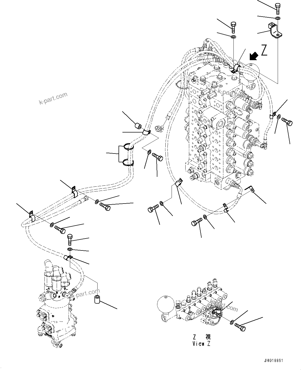 Komatsu parts book diagram for HB365LC-3E0 S/N K75001-UP: SOLENOID VALVE, ADDITIONAL ACTUATOR PIPING, ACCUMULATOR, PIPING MOUNTING