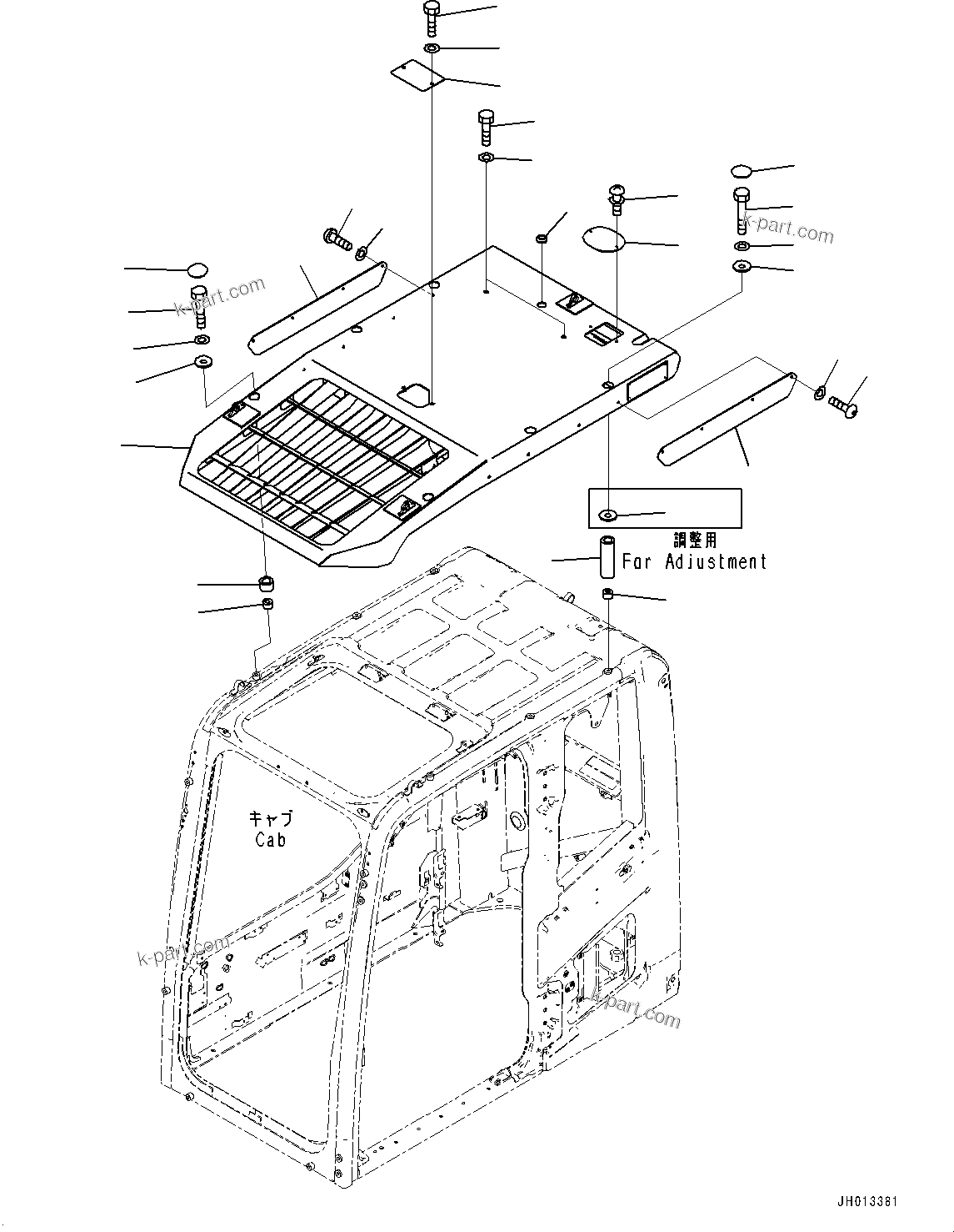 Komatsu parts book diagram for HB365LC-3E0 S/N K75001-UP: TOP GUARD, LV2, ADDITIONAL FRONT WORKING LAMP