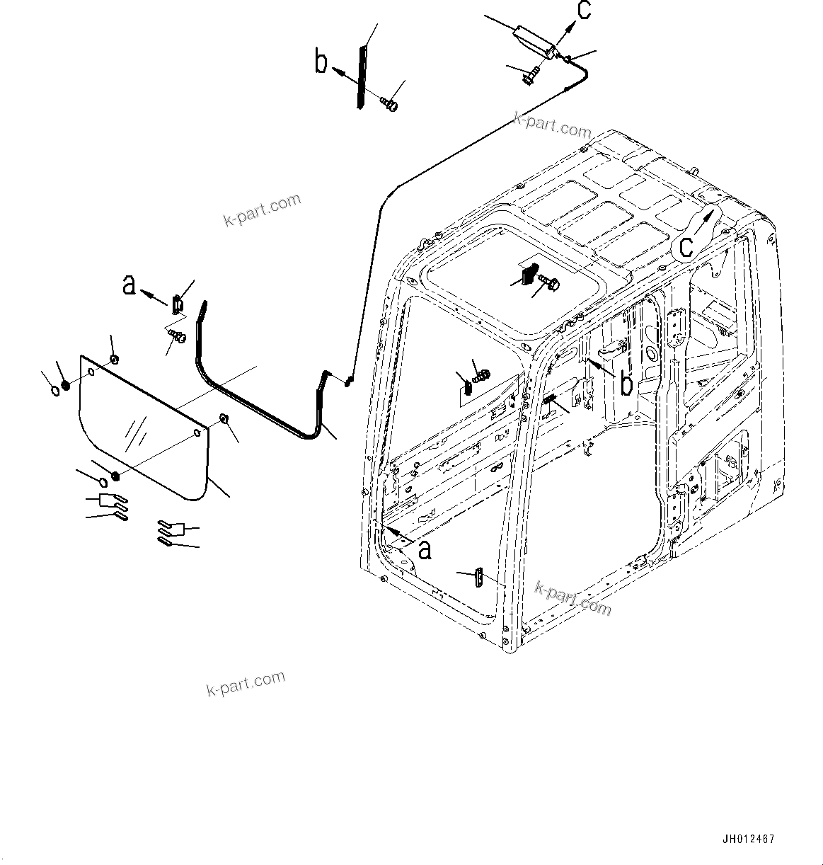 Komatsu parts book diagram for HB365LC-3E0 S/N K75001-UP: CAB, ADDITIONAL ACTUATOR PIPING, ACCUMULATOR, FRONT LOWER WINDOW