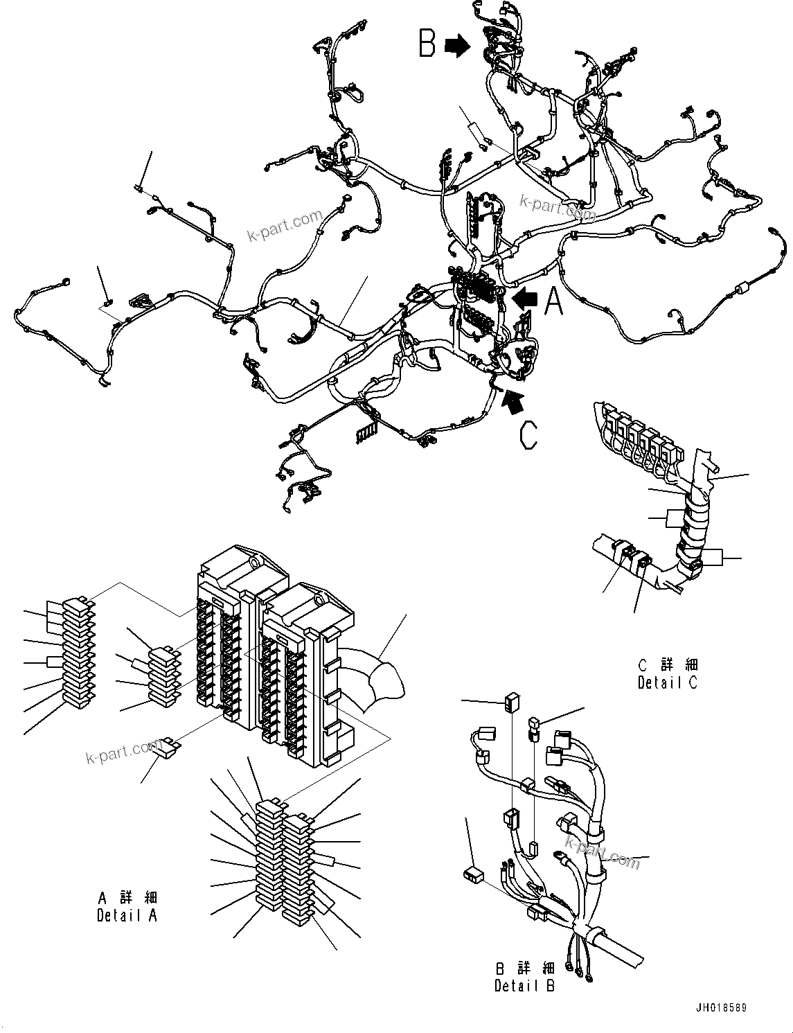 Komatsu parts book diagram for HB365LC-3E0 S/N K75001-UP: CAB, ADDITIONAL ACTUATOR PIPING, ACCUMULATOR, FLOOR WIRING HARNESS