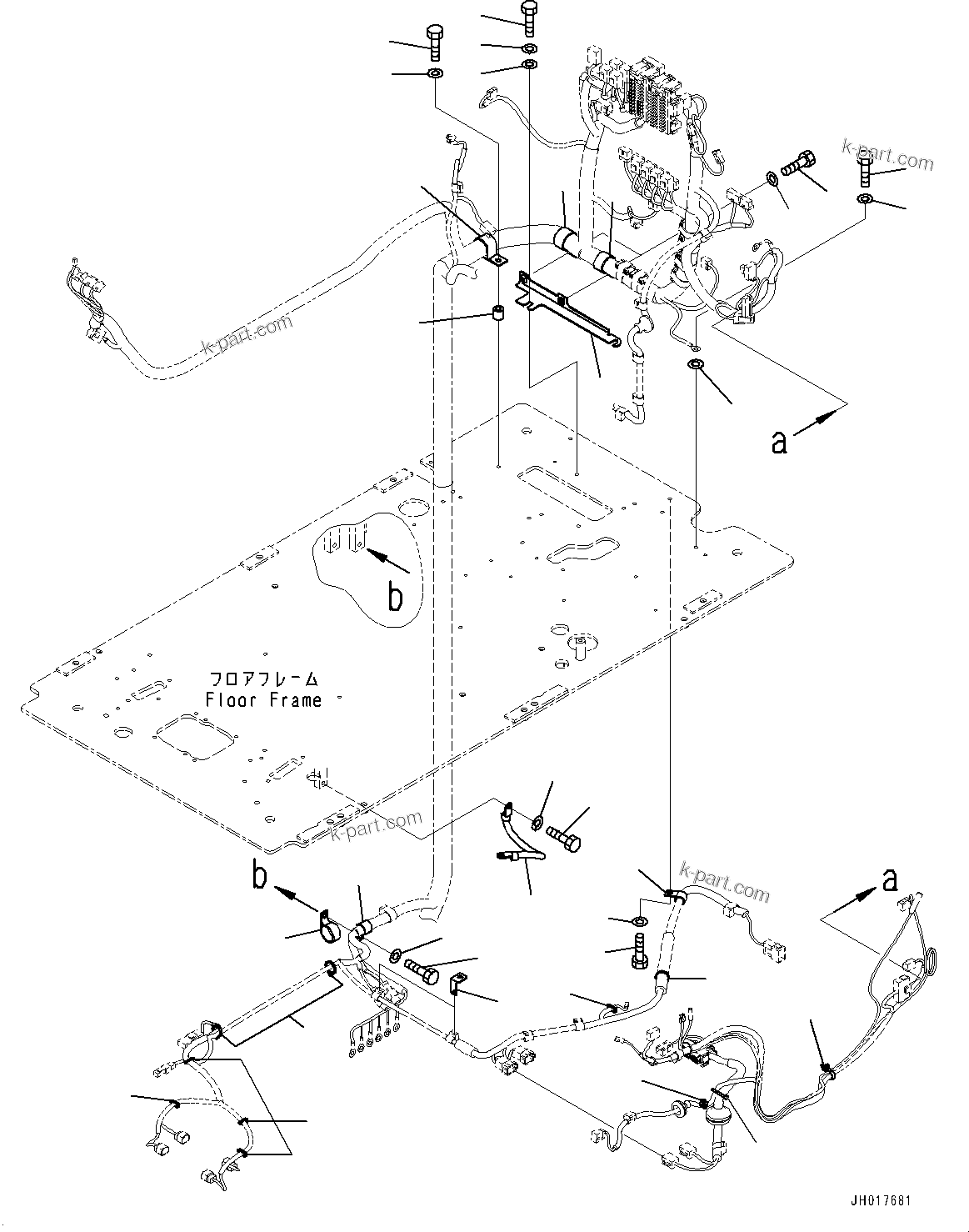 Komatsu parts book diagram for HB365LC-3E0 S/N K75001-UP: CAB, 1-SERVICE VALVE, FLOOR, WIRING HARNESS CLAMP AND GROUND