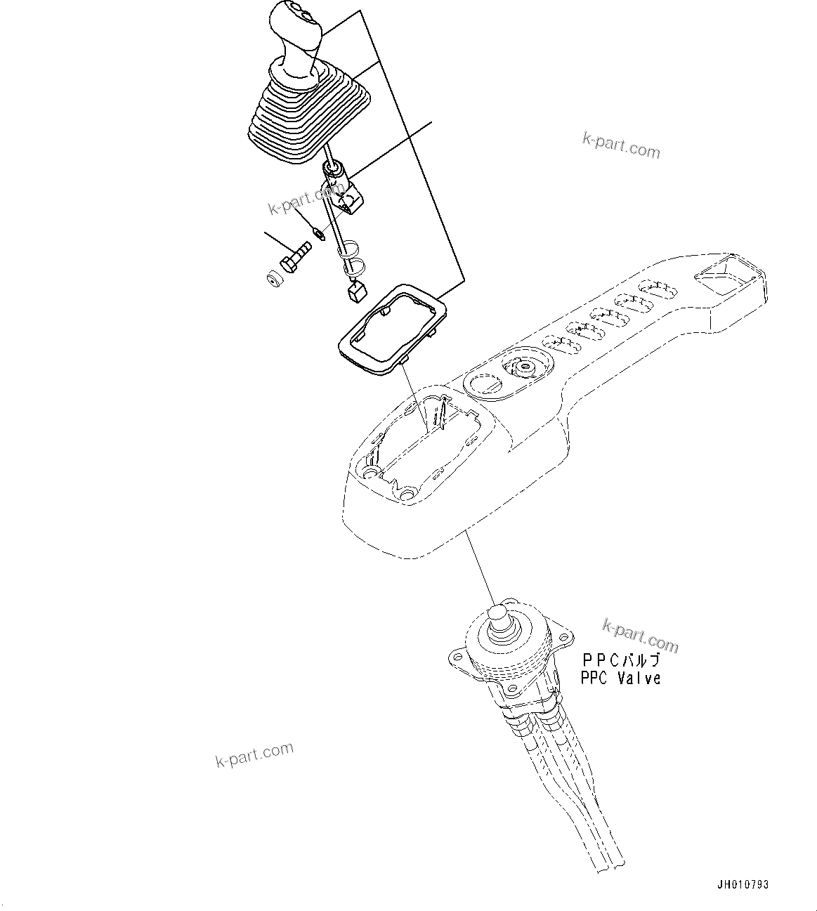 Komatsu parts book diagram for HB365LC-3E0 S/N K75001-UP: CAB, ADDITIONAL ACTUATOR PIPING, ACCUMULATOR, FLOOR, WORK EQUIPMENT CONTROL LEVER, R.H. (1/2)