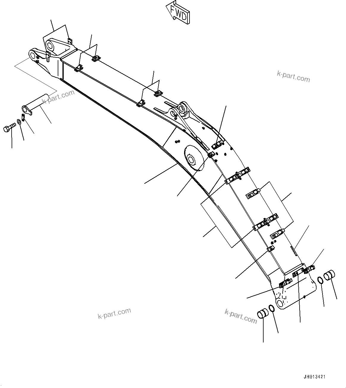 Komatsu parts book diagram for HB365LC-3E0 S/N K75001-UP: BOOM, 6500MM, 2-ATTACHMENT, QUICK COUPLING, BOOM AND TOP PIN