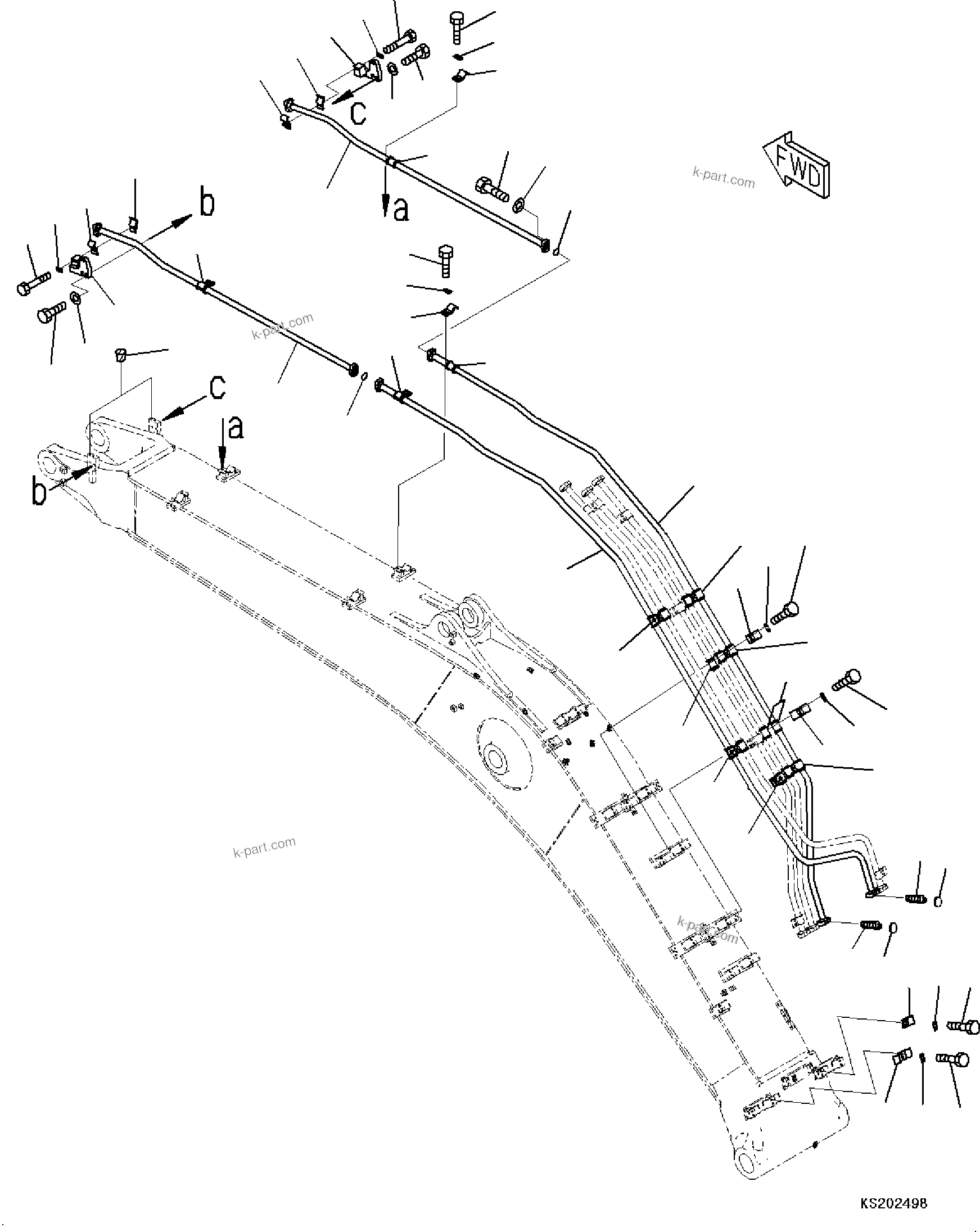 Komatsu parts book diagram for HB365LC-3E0 S/N K75001-UP: BOOM, 6500MM, QUICK COUPLING, BUCKET CYLINDER PIPING