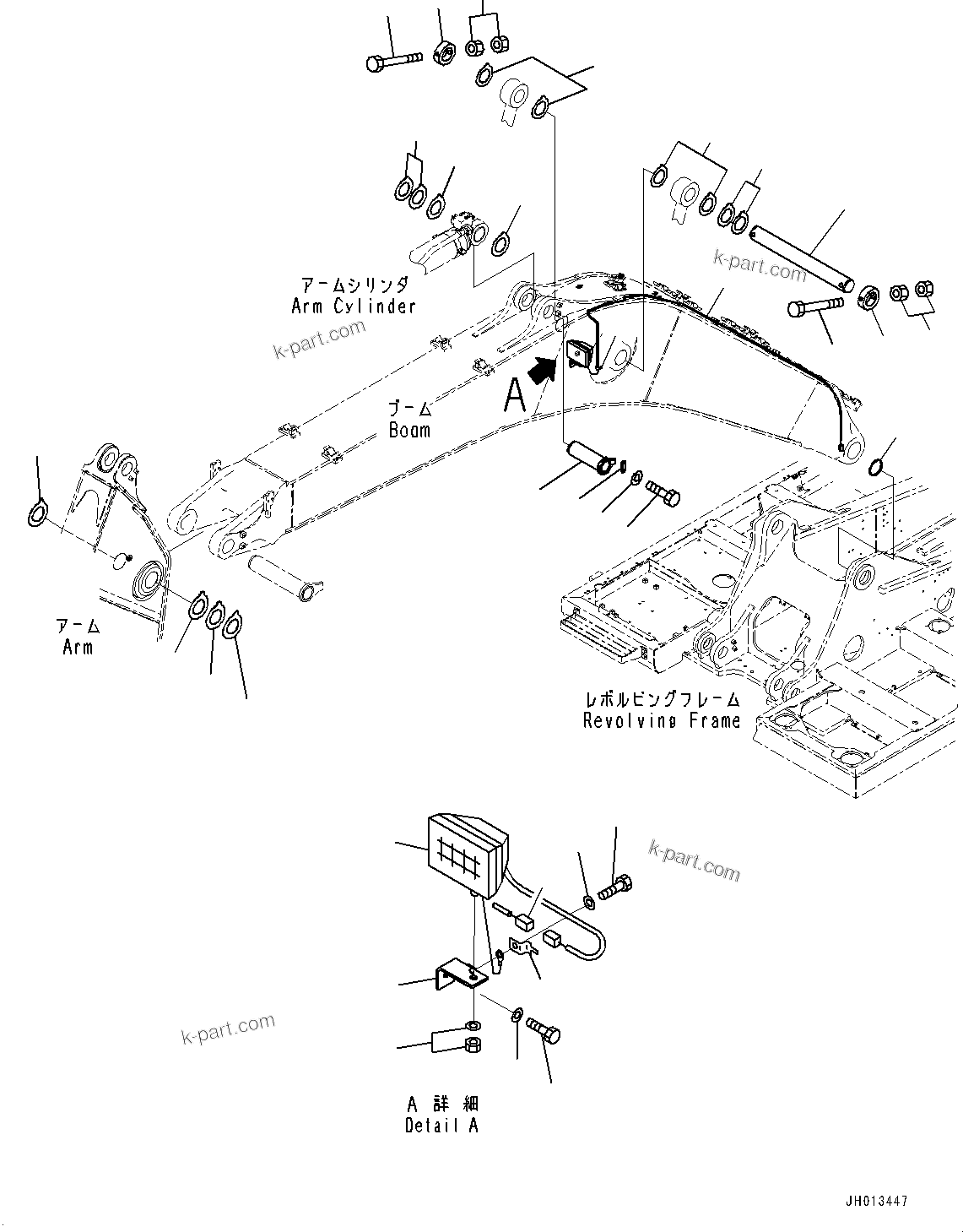 Komatsu parts book diagram for HB365LC-3E0 S/N K75001-UP: BOOM, 6500MM, 2-ATTACHMENT, QUICK COUPLING, CYLINDER PIN AND WORKING LAMP