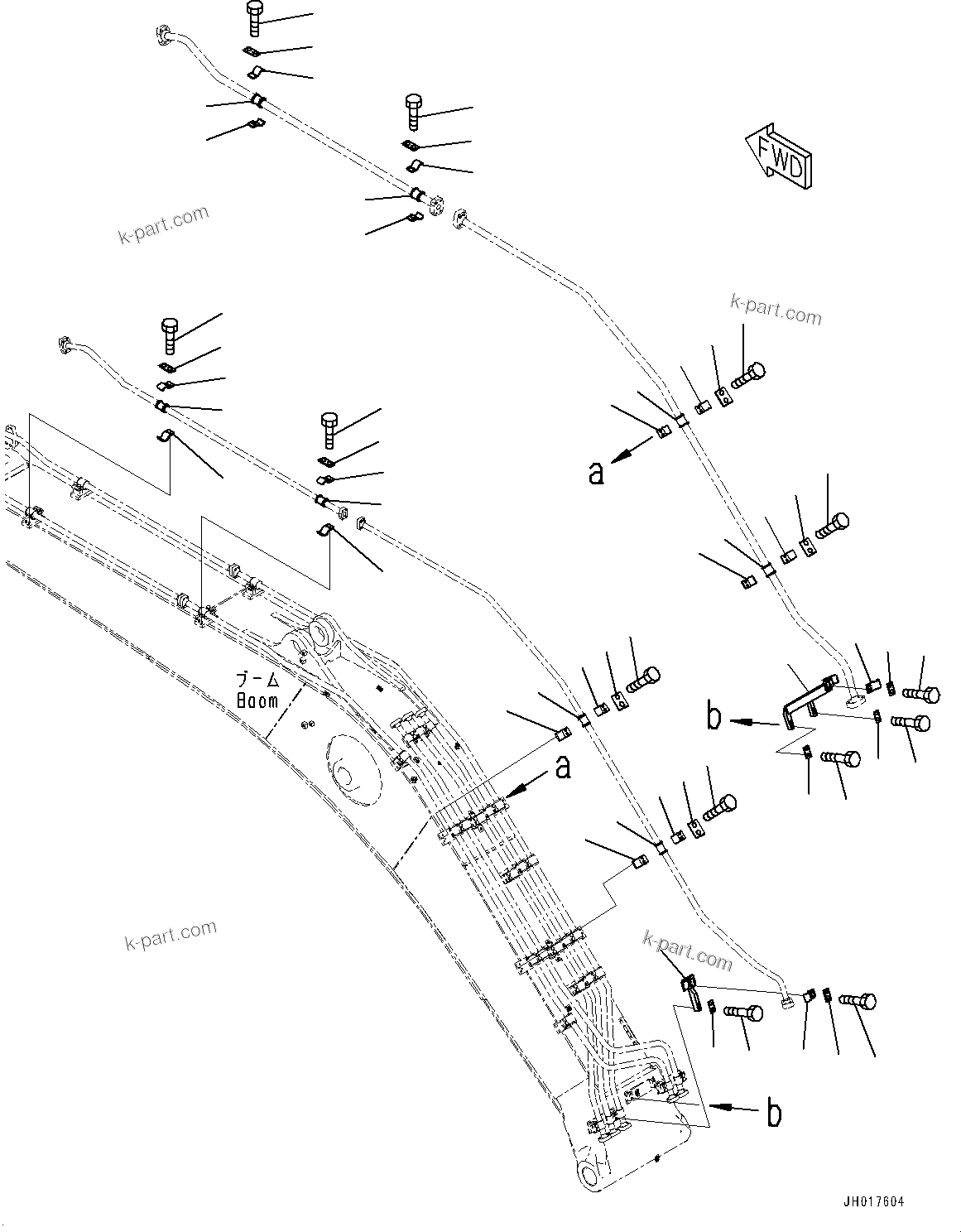 Komatsu parts book diagram for HB365LC-3E0 S/N K75001-UP: BOOM, 6500MM, 1-ATTACHMENT, QUICK COUPLING, BRACKET AND CLAMP