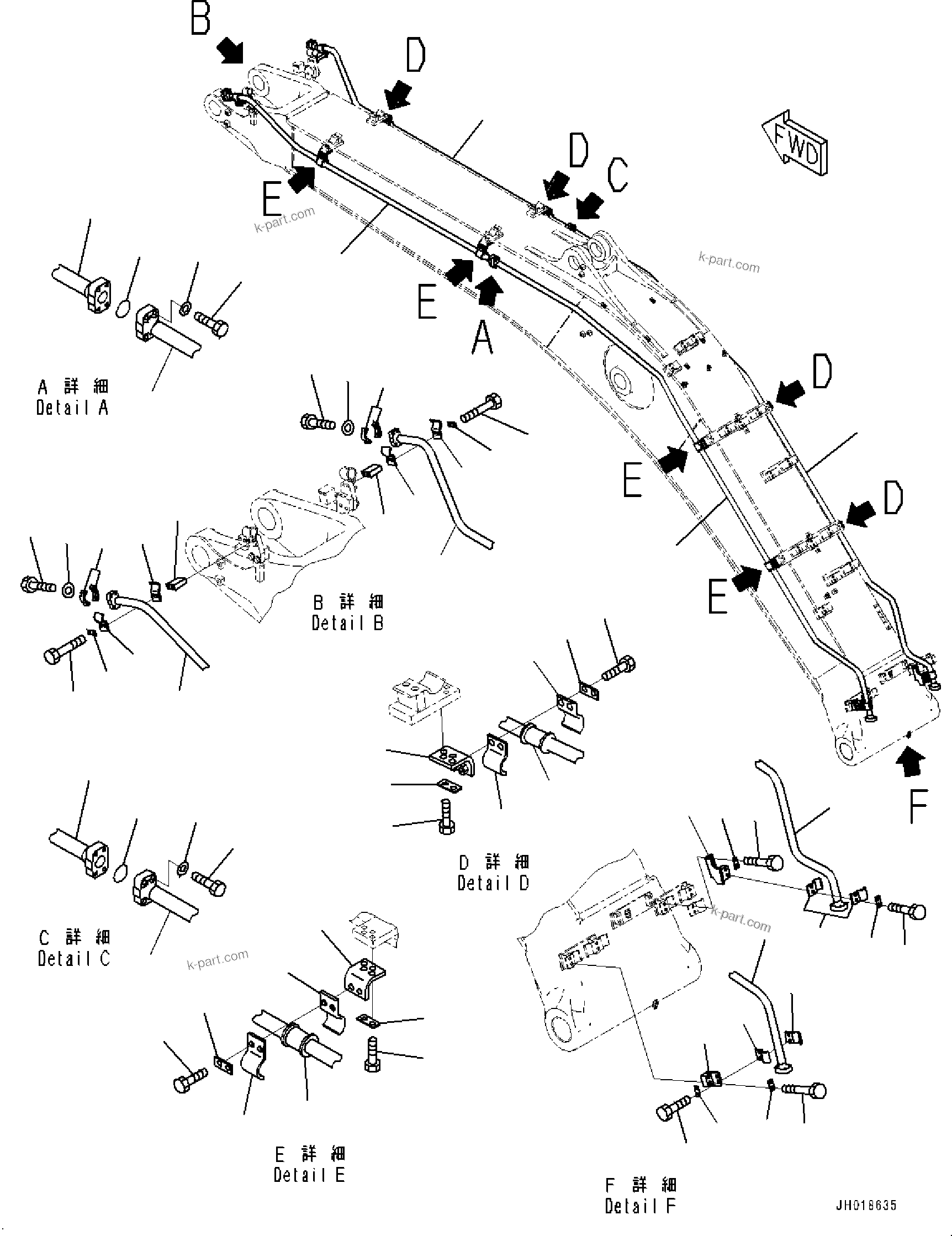Komatsu parts book diagram for HB365LC-3E0 S/N K75001-UP: BOOM, 6500MM, 2-ATTACHMENT, QUICK COUPLING, ADDITIONAL PIPING (2/2)
