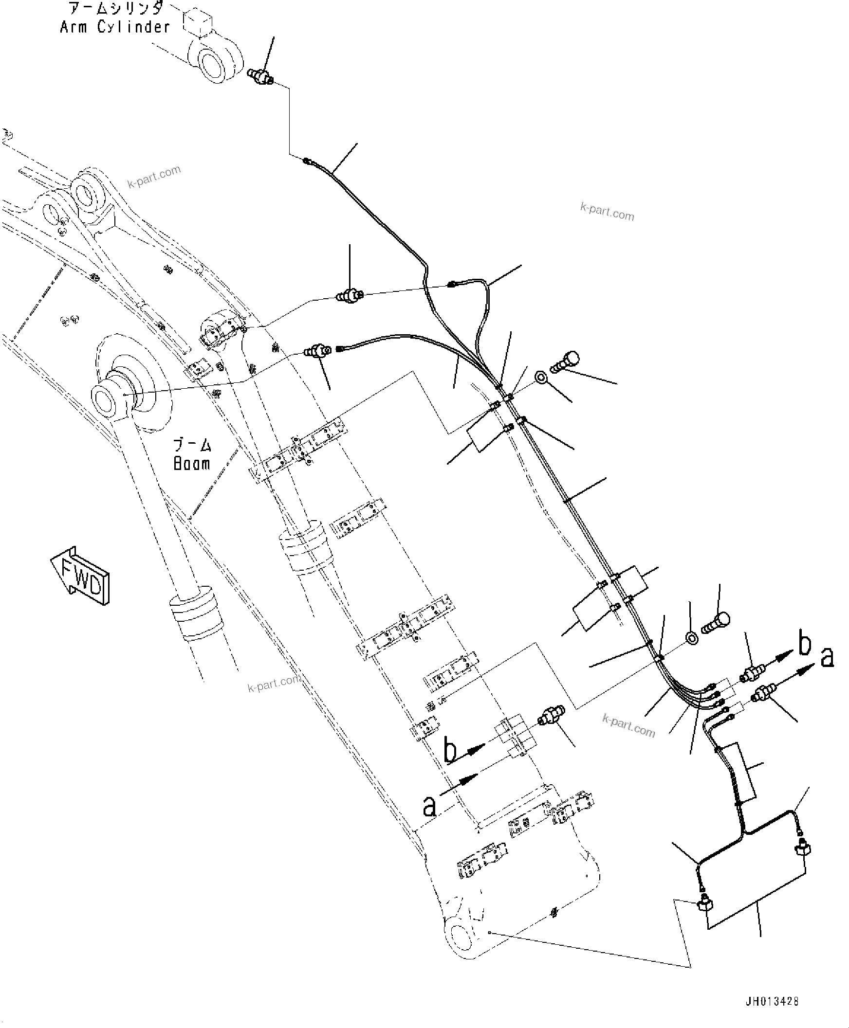 Komatsu parts book diagram for HB365LC-3E0 S/N K75001-UP: BOOM, 6500MM, 2-ATTACHMENT AND DRAIN LINE (FHQC), LUBRICATION PIPING