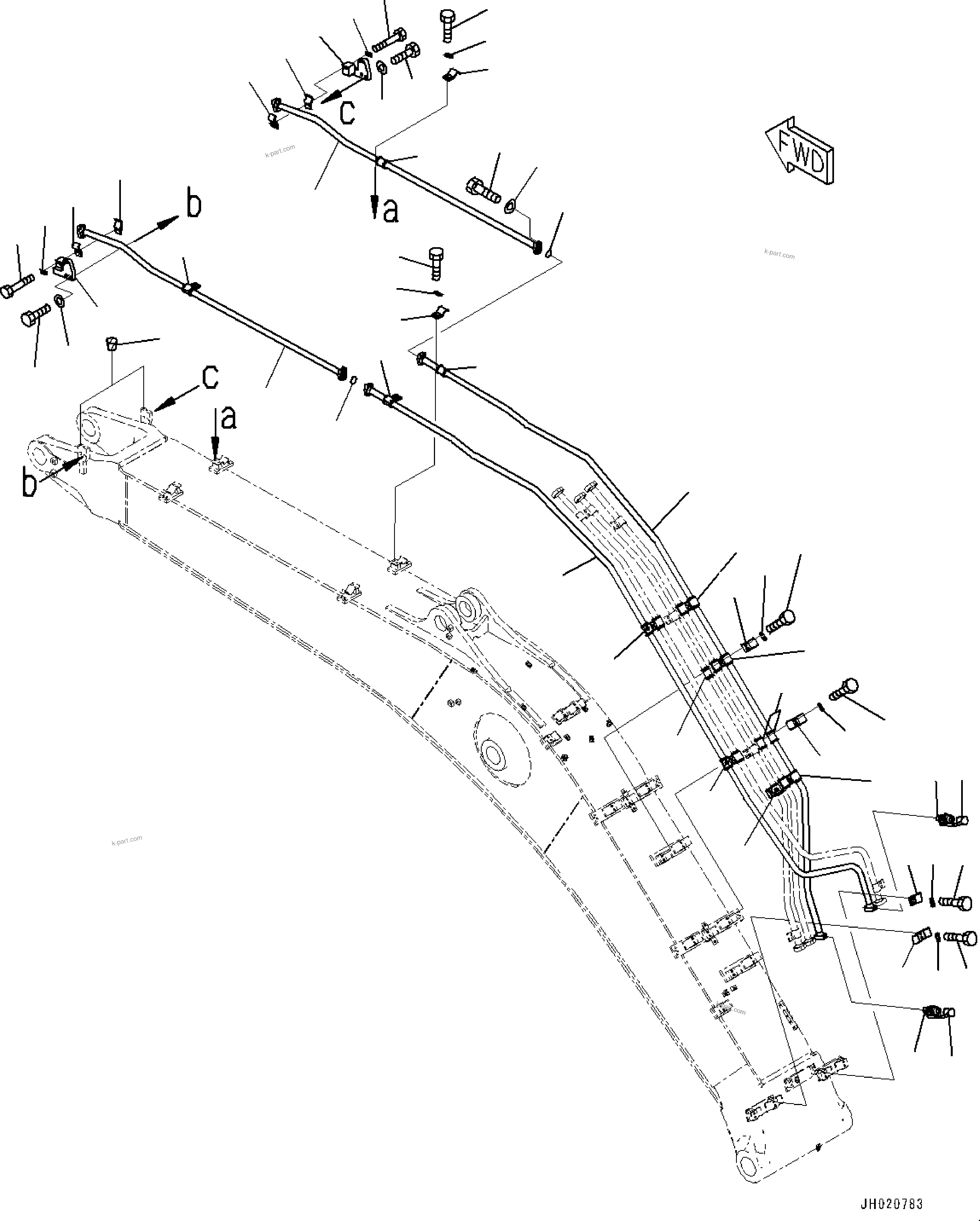Komatsu parts book diagram for HB365LC-3E0 S/N K75001-UP: BOOM, 6500MM, 2-ATTACHMENT AND DRAIN LINE (FHQC), BUCKET CYLINDER PIPING