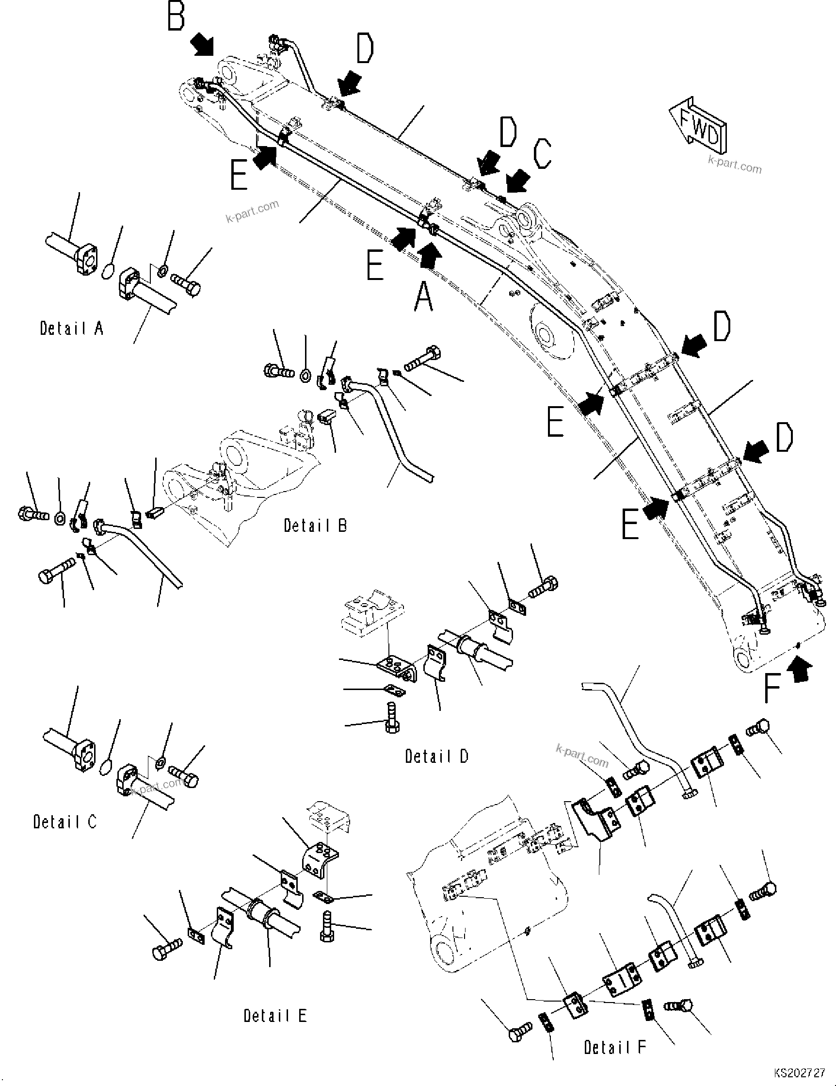 Komatsu parts book diagram for HB365LC-3E0 S/N K75001-UP: BOOM, 6500MM, 2-ATTACHMENT AND DRAIN LINE (FHQC), ADDITIONAL PIPING (2/2)