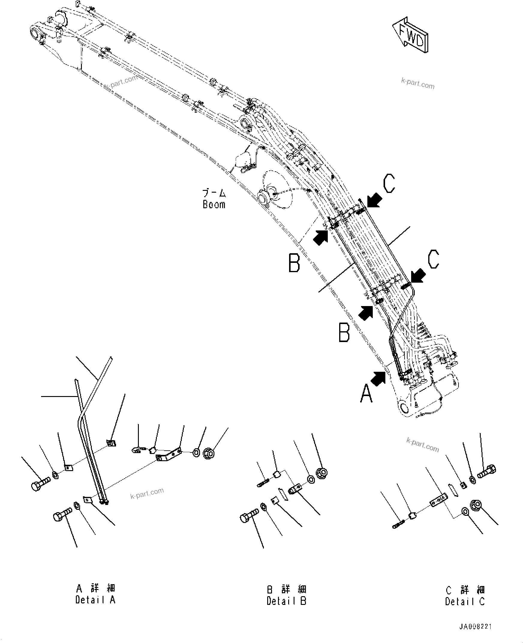 Komatsu parts book diagram for HB365LC-3E0 S/N K75001-UP: BOOM, 6500MM, 2-ATTACHMENT AND DRAIN LINE (FHQC), QUICK COUPLING PIPING