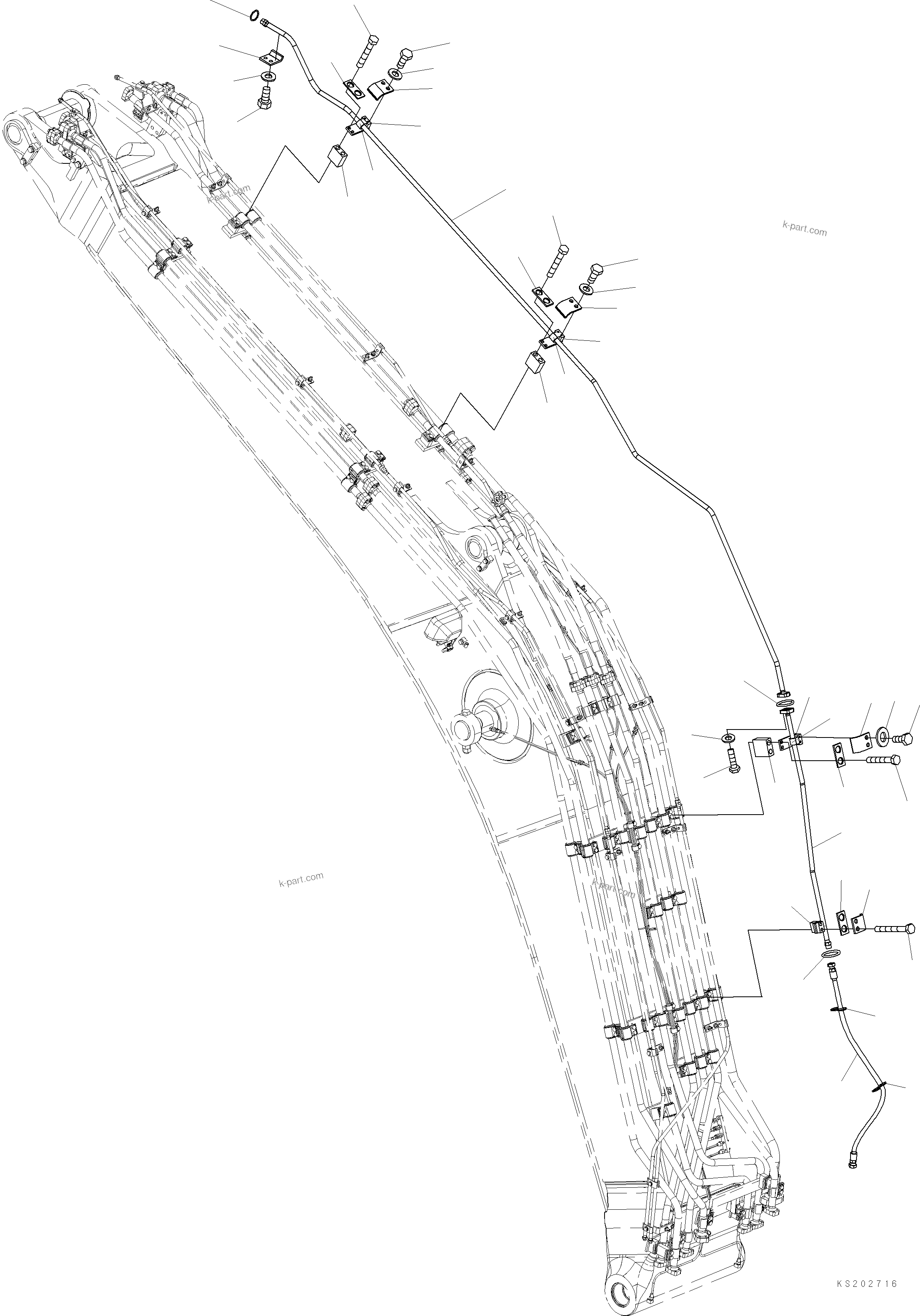 Komatsu parts book diagram for HB365LC-3E0 S/N K75001-UP: BOOM, 6500MM, 2-ATTACHMENT AND DRAIN LINE (FHQC), DRAIN PIPING