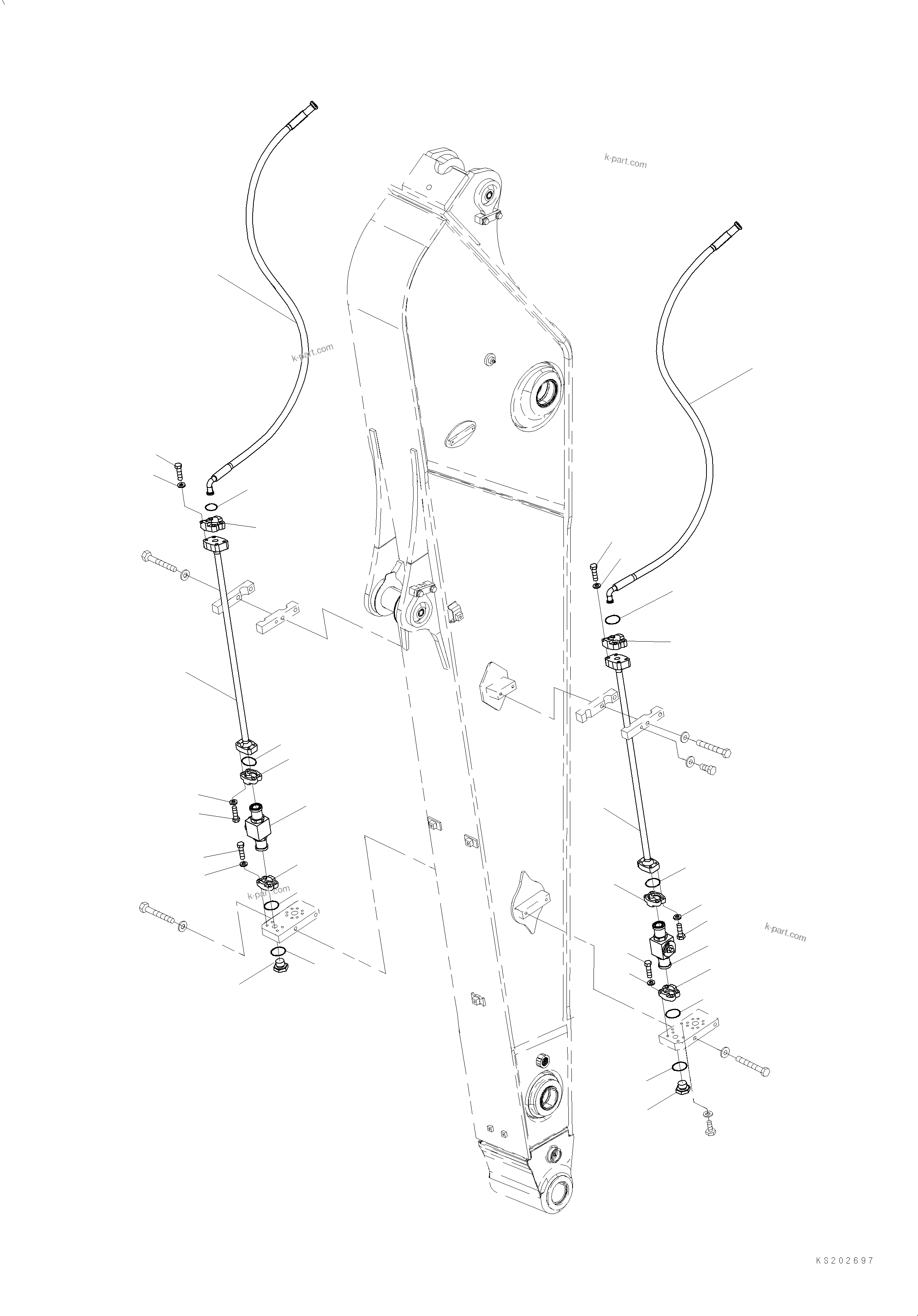 Komatsu parts book diagram for HB365LC-3E0 S/N K75001-UP: ARM, 3200MM, 1-ADDITIONAL ACTUATOR PIPING, ACCUMULATOR, QUICK COUPLING, QUICK COUPLING PIPING (FHQC)
