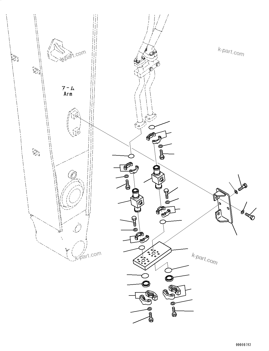 Komatsu parts book diagram for HB365LC-3E0 S/N K75001-UP: ARM, 2600MM, 1-ATTACHMENT, 2-ADDITIONAL ACTUATOR PIPING, ACCUMULATOR, QUICK COUPLING, ADDITIONAL PIPING, ADDITIONAL VALVE, L.H.